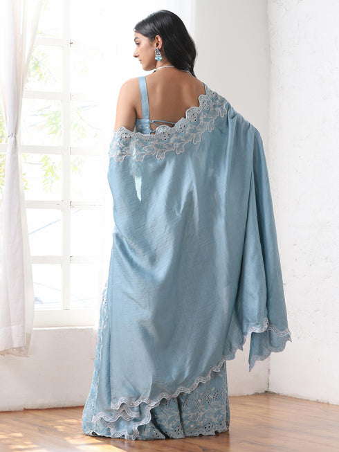 Women’s Blue Suit Set with Corset, Palazzo & Jacket | 3 Pc Set, Allover Schiffli Embroidery, Sleeveless, Festive Party Wear (PRF'T Lux Duchess Satin Fabric)