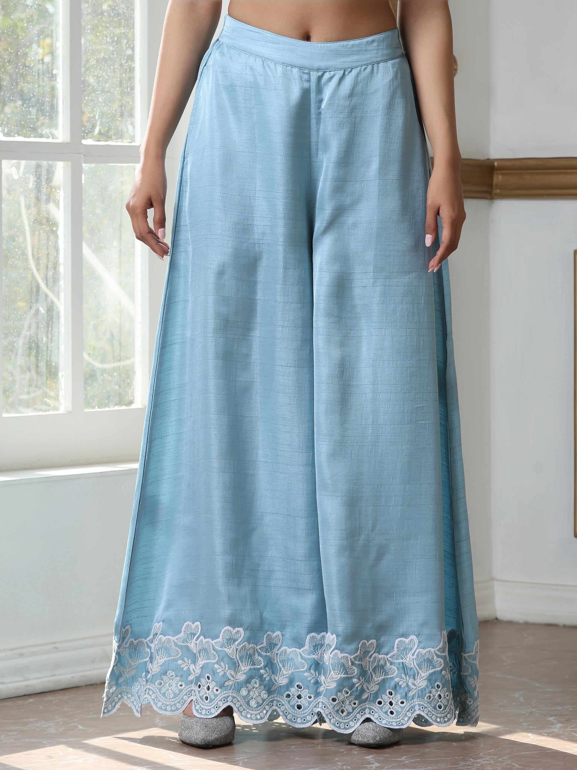 Women’s Blue Suit Set with Palazzo | 2 Pc Set, A-Line, Schiffli Embroidery on Sleeve and Palazzo, Short Kurta, Festive Party Wear (PRF'T Lux Duchess Satin Fabric)