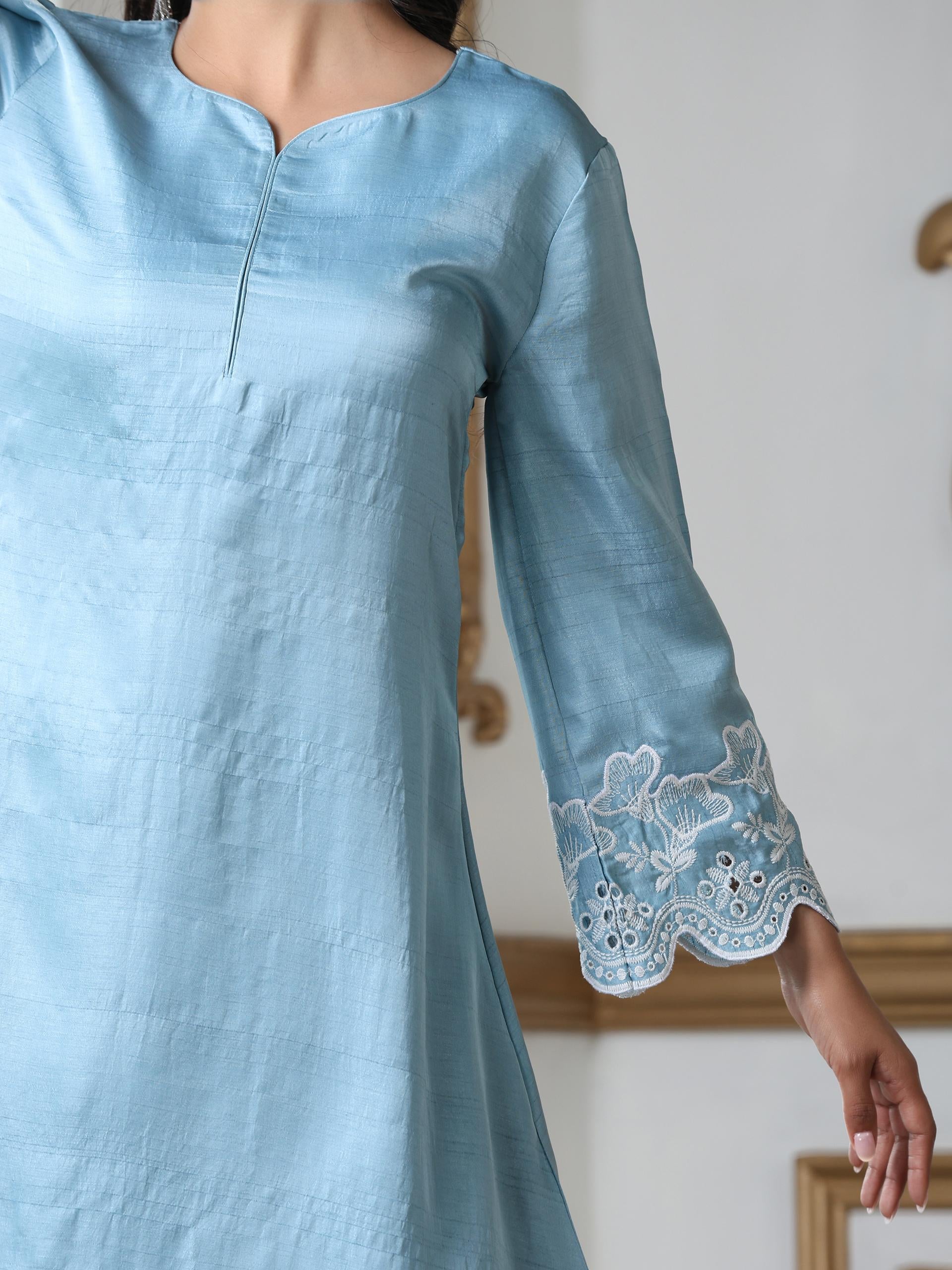 Women’s Blue Suit Set with Palazzo | 2 Pc Set, A-Line, Schiffli Embroidery on Sleeve and Palazzo, Short Kurta, Festive Party Wear (PRF'T Lux Duchess Satin Fabric)