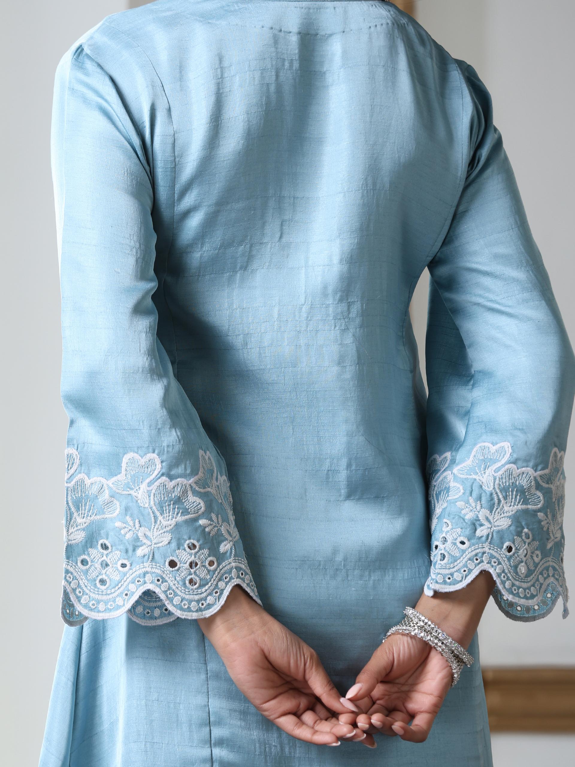 Women’s Blue Suit Set with Palazzo | 2 Pc Set, A-Line, Schiffli Embroidery on Sleeve and Palazzo, Short Kurta, Festive Party Wear (PRF'T Lux Duchess Satin Fabric)