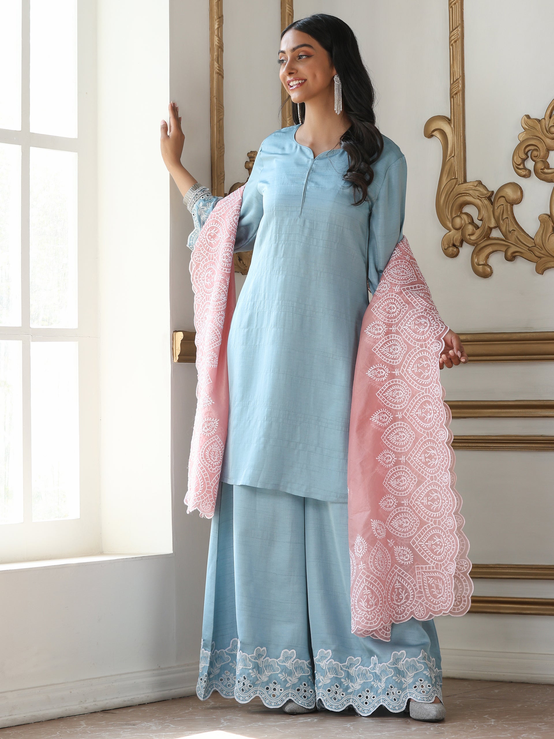 Women’s Blue Suit Set with Palazzo | 2 Pc Set, A-Line, Schiffli Embroidery on Sleeve and Palazzo, Short Kurta, Festive Party Wear (PRF'T Lux Duchess Satin Fabric)
