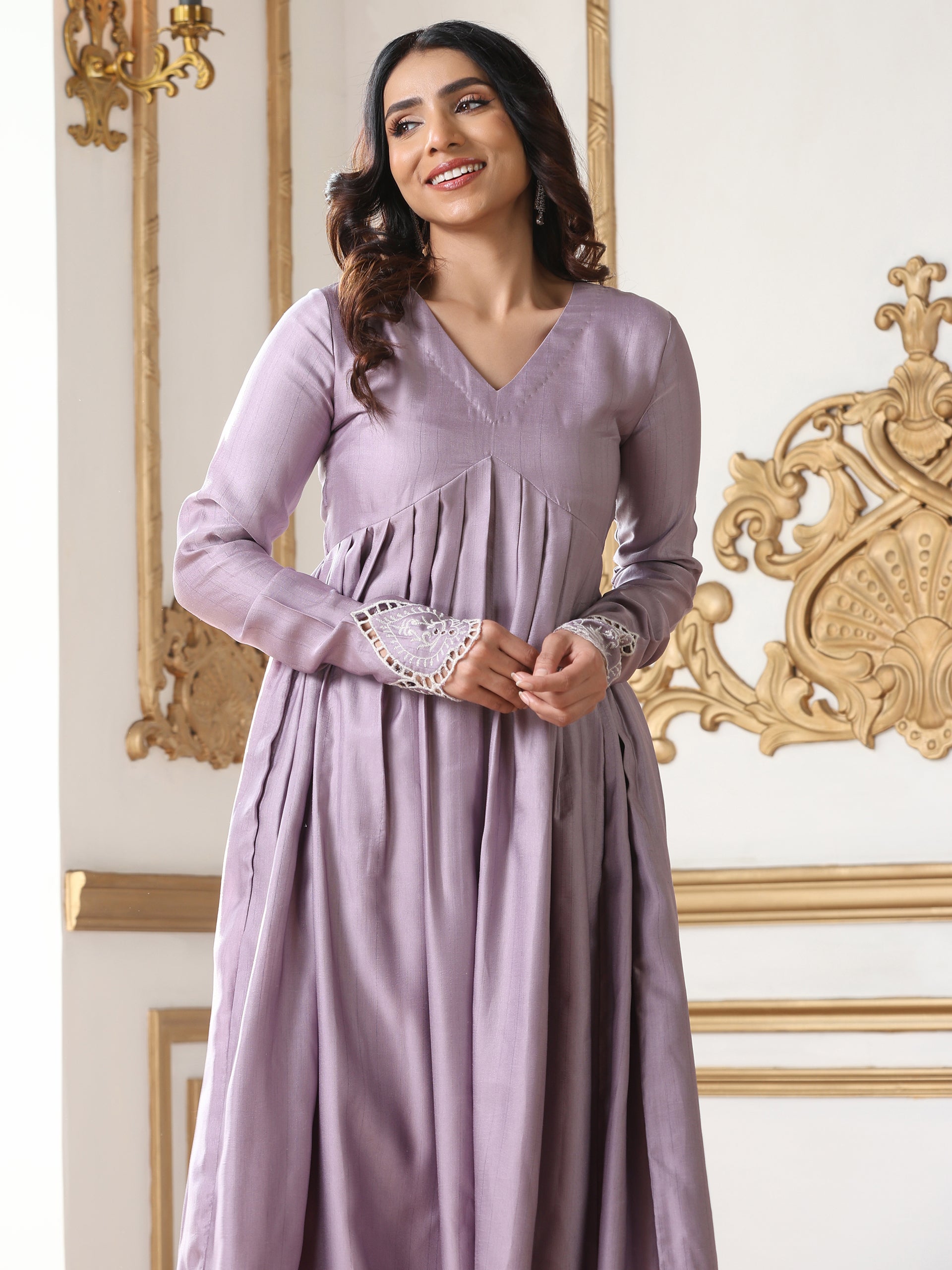 Women’s Lilac Suit Set with Pant | 2 Pc Set, A-Line, Swiss Embroidery on Kurta, Full Sleeves, Party Wear, Casual (PRF'T Lux Duchess Satin Fabric)