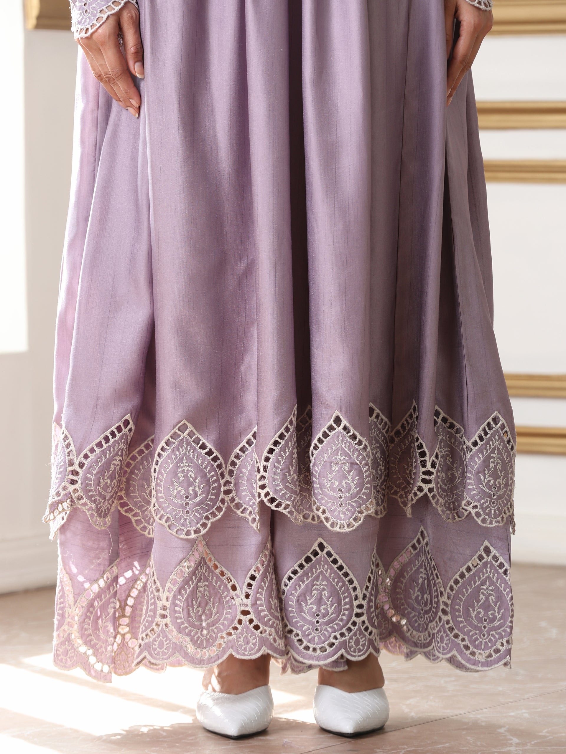 Women’s Lilac Suit Set with Pant | 2 Pc Set, A-Line, Swiss Embroidery on Kurta, Full Sleeves, Party Wear, Casual (PRF'T Lux Duchess Satin Fabric)