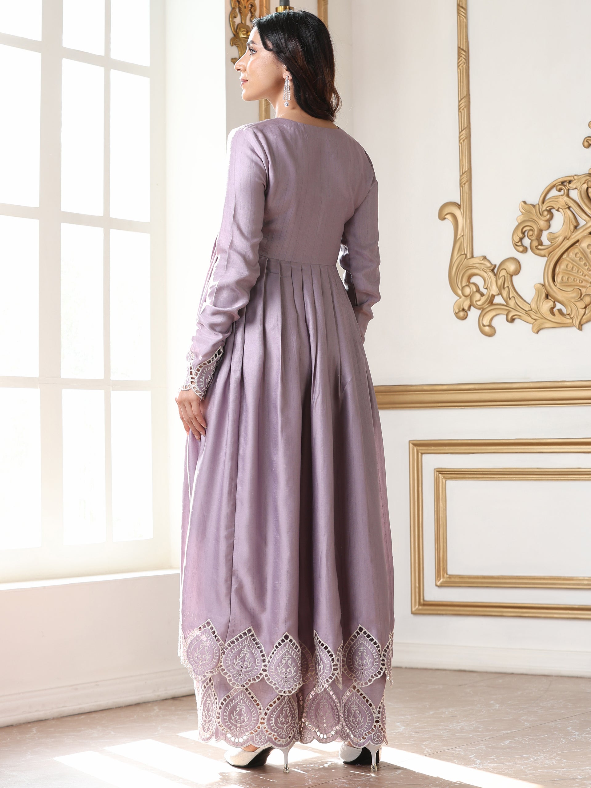 Women’s Lilac Suit Set with Pant | 2 Pc Set, A-Line, Swiss Embroidery on Kurta, Full Sleeves, Party Wear, Casual (PRF'T Lux Duchess Satin Fabric)