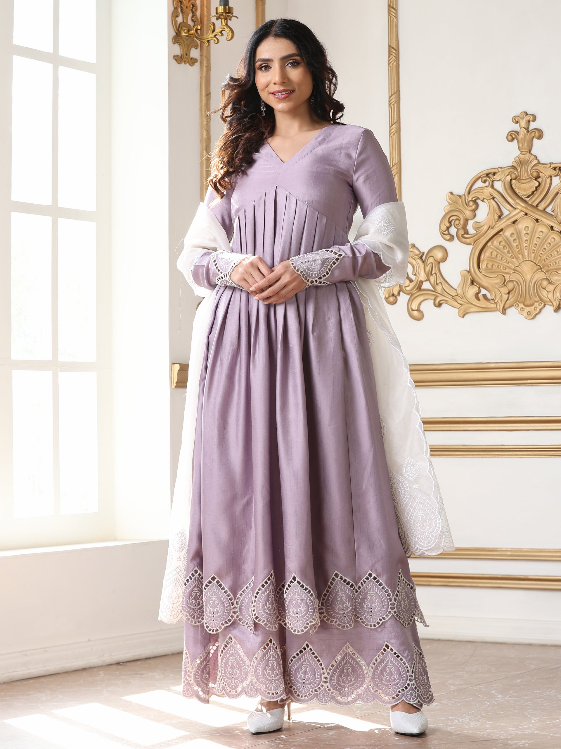 Women’s Lilac Suit Set with Pant | 2 Pc Set, A-Line, Swiss Embroidery on Kurta, Full Sleeves, Party Wear, Casual (PRF'T Lux Duchess Satin Fabric)