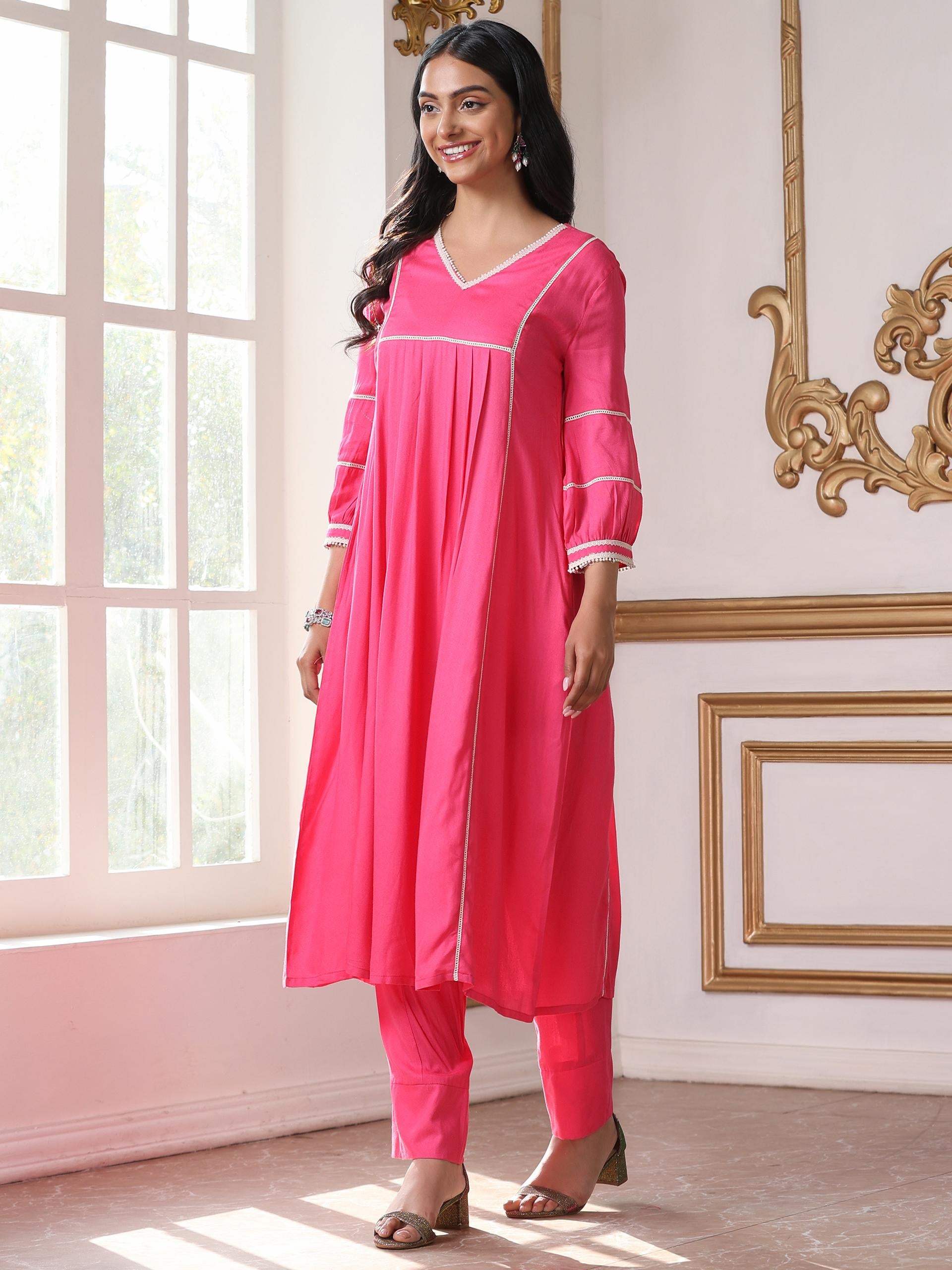 Women’s Pink Suit Set with Pant | 2 Pc Set, Paneled Design, Lace Detailing, Work Wear, Casual (Viscose Breathable Soft Natural Fabric)