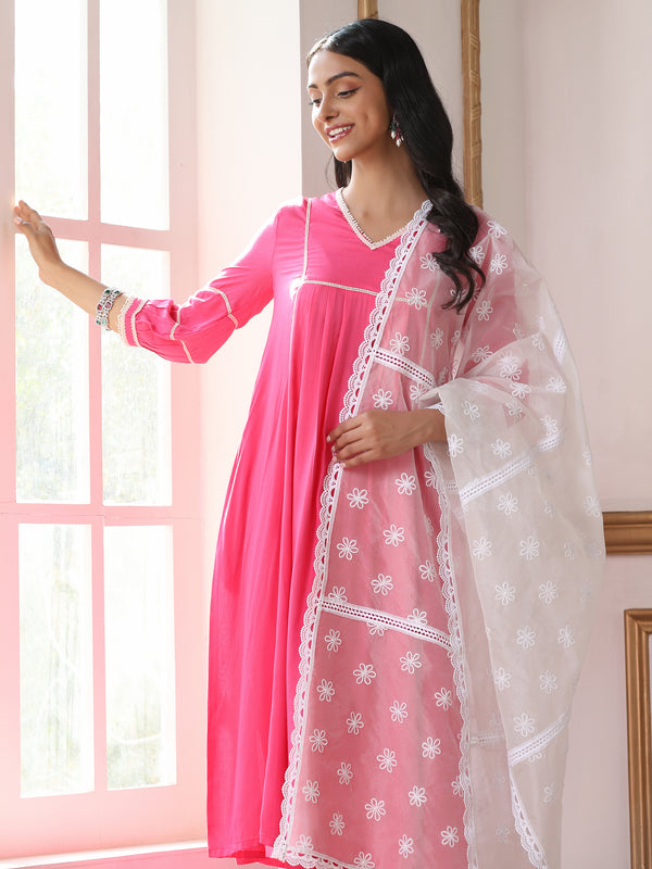Women’s White Embroidered and Laced Organza Dupatta | 1 Pc, Flower Embroidery with Laces , Festive Party Wear