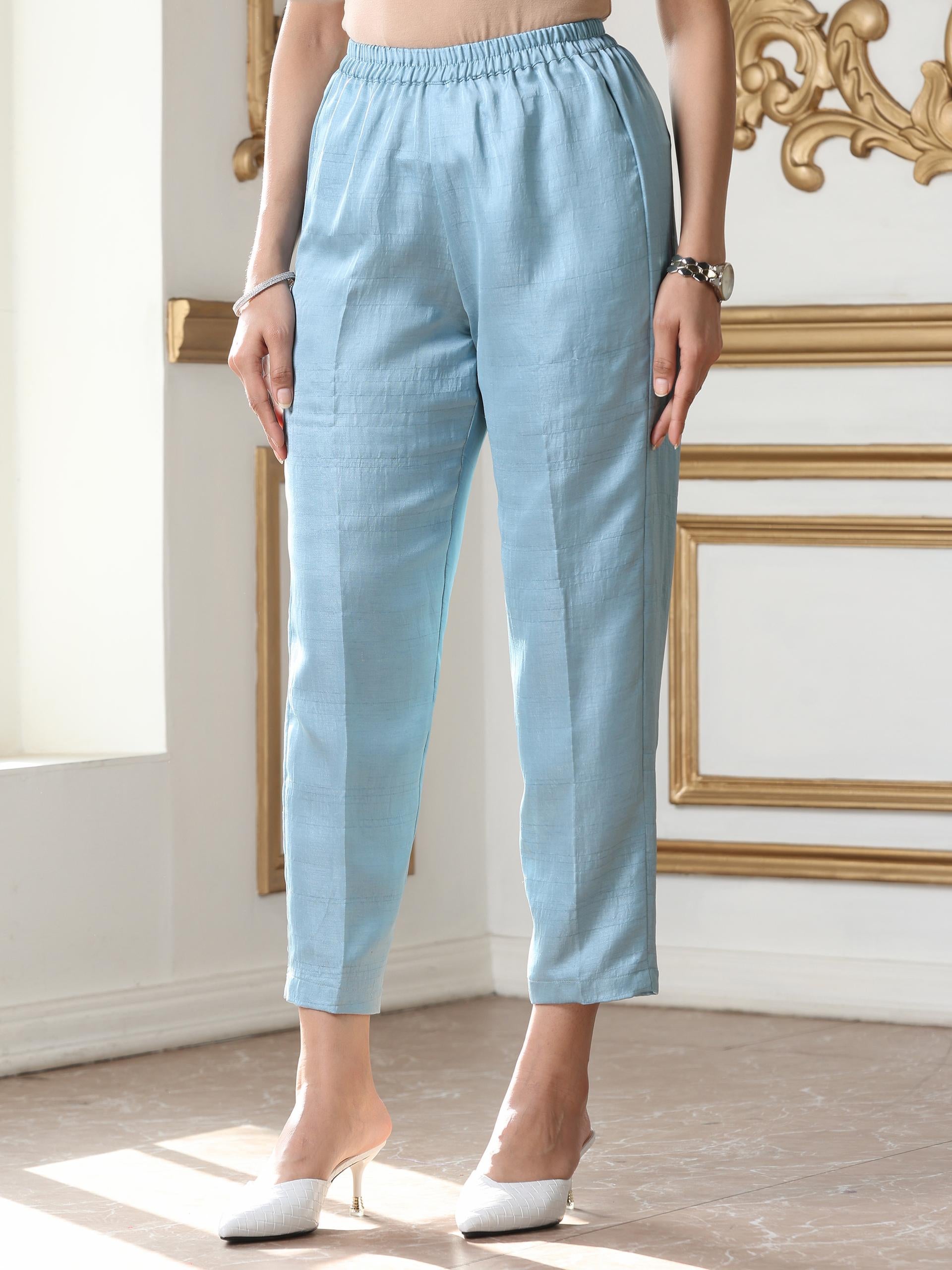 Women’s Blue Suit Set with Pant | 2 Pc Set, A-Line, Schiffli Embroidery on Hem, Sleeveless, Work Wear, Casual Wear (PRF'T Lux Duchess Satin Fabric)