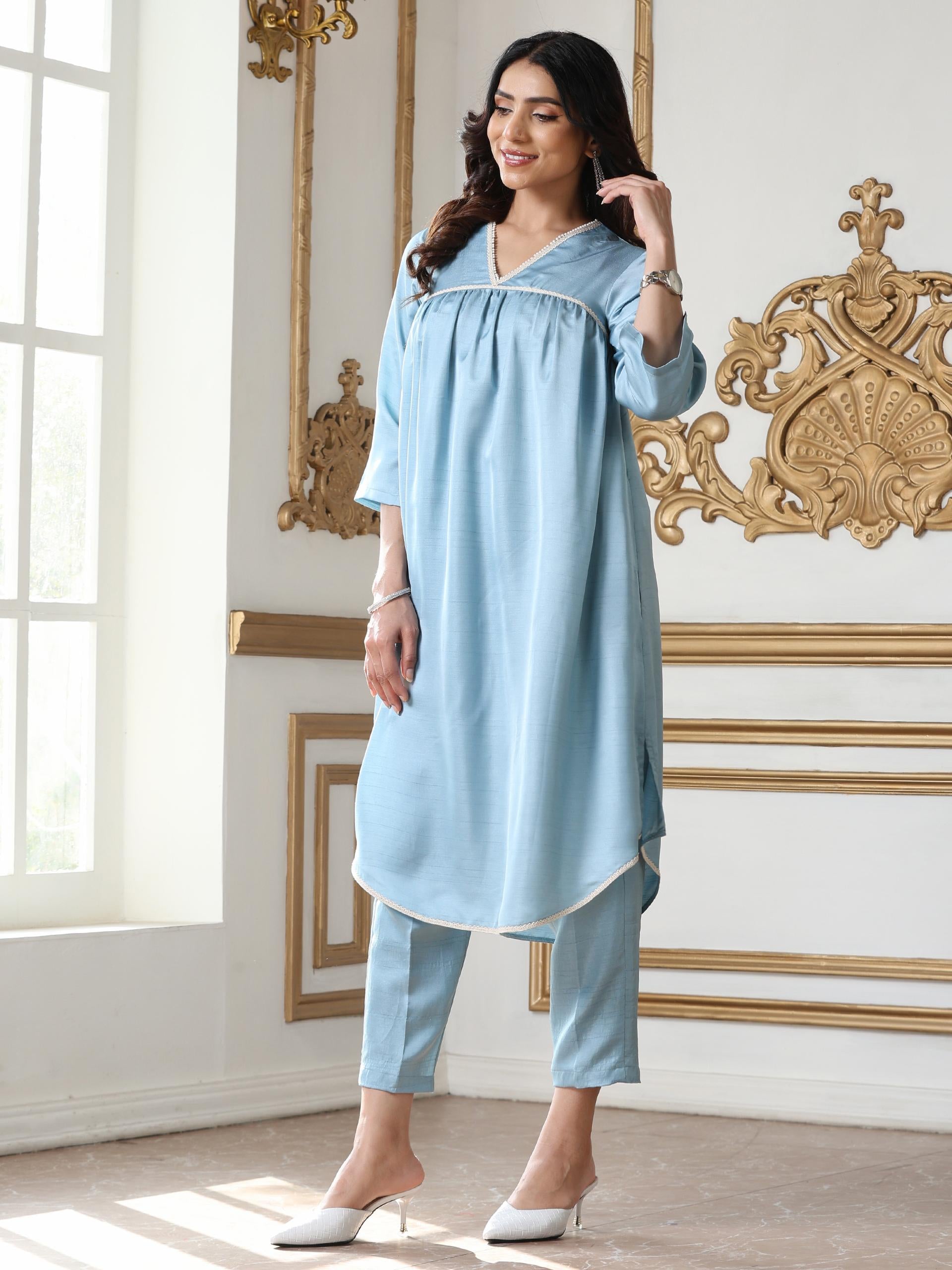 Women’s Blue Suit Set with Pant | 2 Pc Set, Gathered Design, Lace Detailing, V Neck, 3/4th Sleeves, Work Wear, Casual (PRF'T Lux Duchess Satin Fabric)