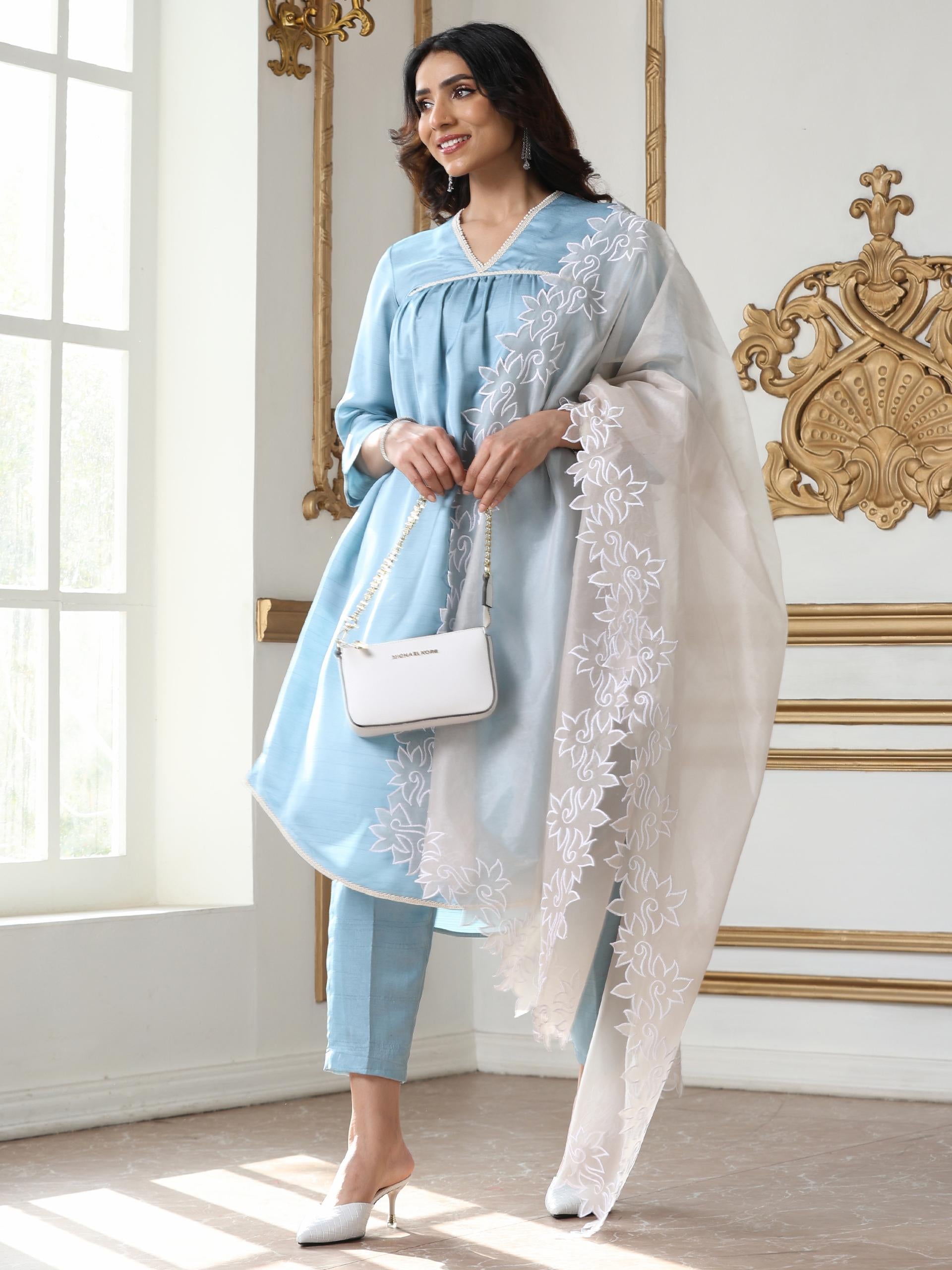Women’s Blue Suit Set with Pant | 2 Pc Set, Gathered Design, Lace Detailing, V Neck, 3/4th Sleeves, Work Wear, Casual (PRF'T Lux Duchess Satin Fabric)