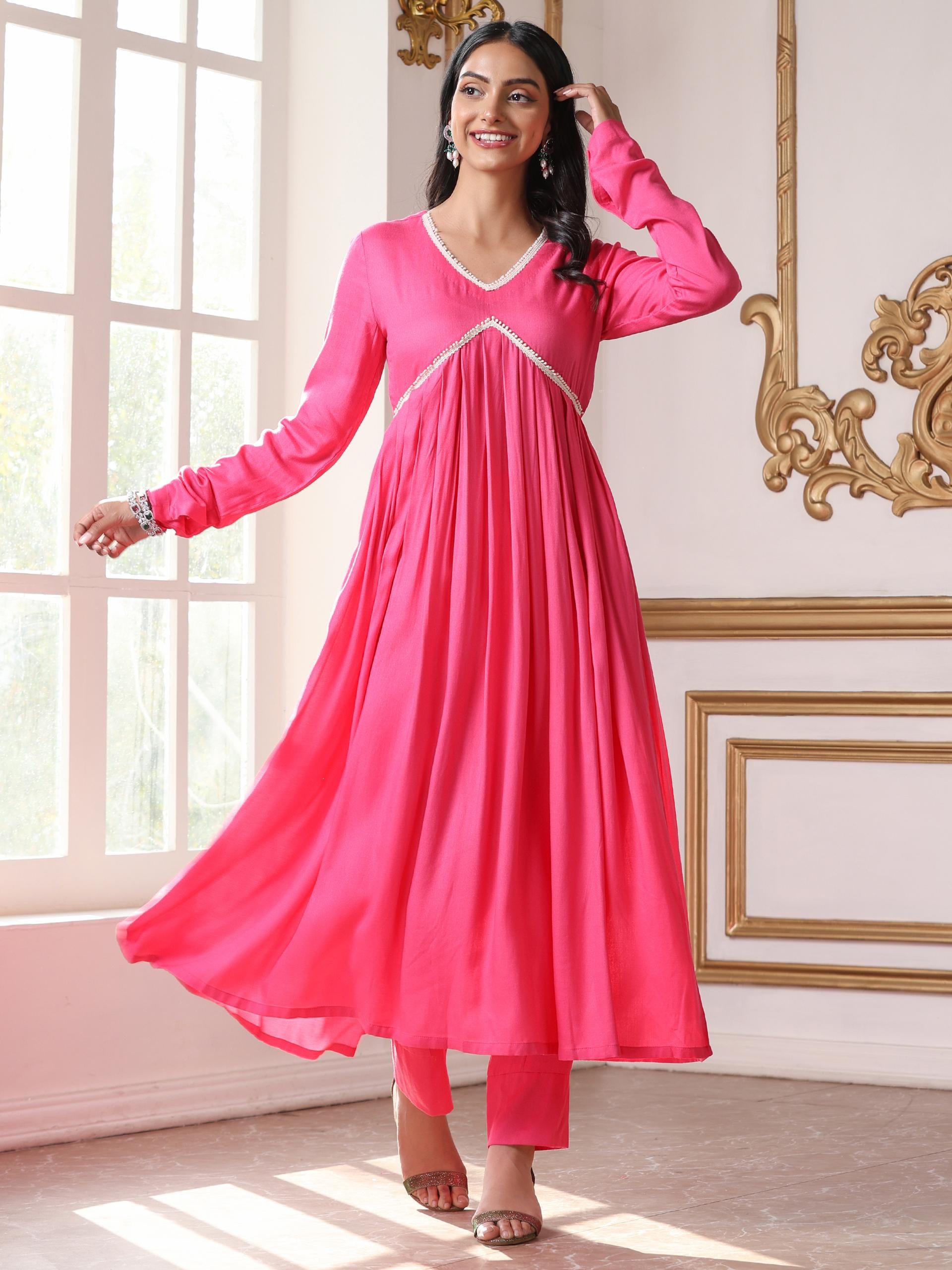 Women’s Pink Anarkali Suit Set with Pant | 2 Pc Set, Anarkali Style, Lace Detailing, Work Wear, Casual Wear (Viscose Breathable Soft Natural Fabric)