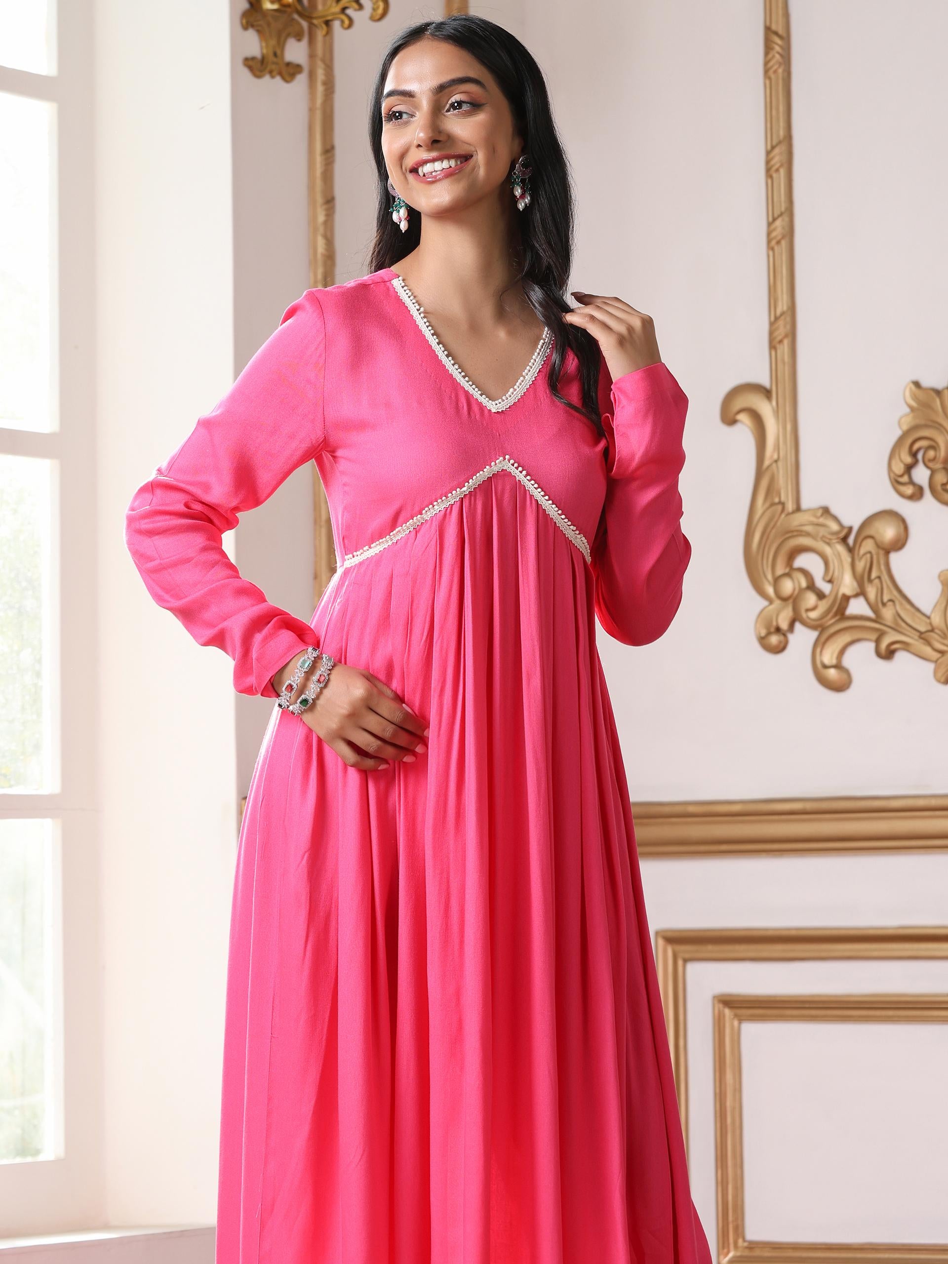 Women’s Pink Anarkali Suit Set with Pant | 2 Pc Set, Anarkali Style, Lace Detailing, Work Wear, Casual Wear (Viscose Breathable Soft Natural Fabric)