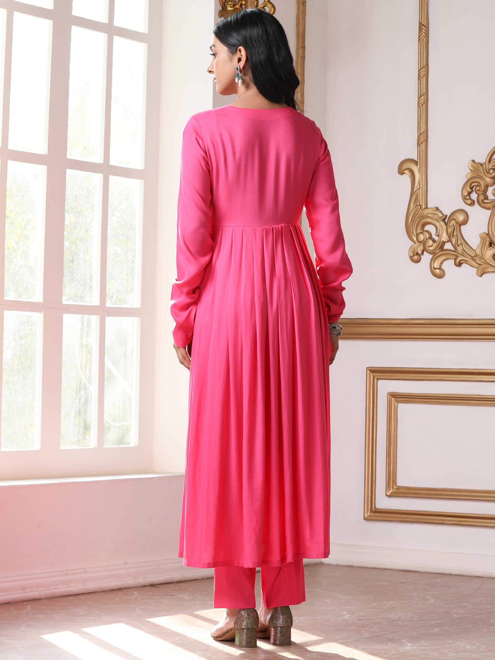 Women’s Pink Anarkali Suit Set with Pant | 2 Pc Set, Anarkali Style, Lace Detailing, Work Wear, Casual Wear (Viscose Breathable Soft Natural Fabric)