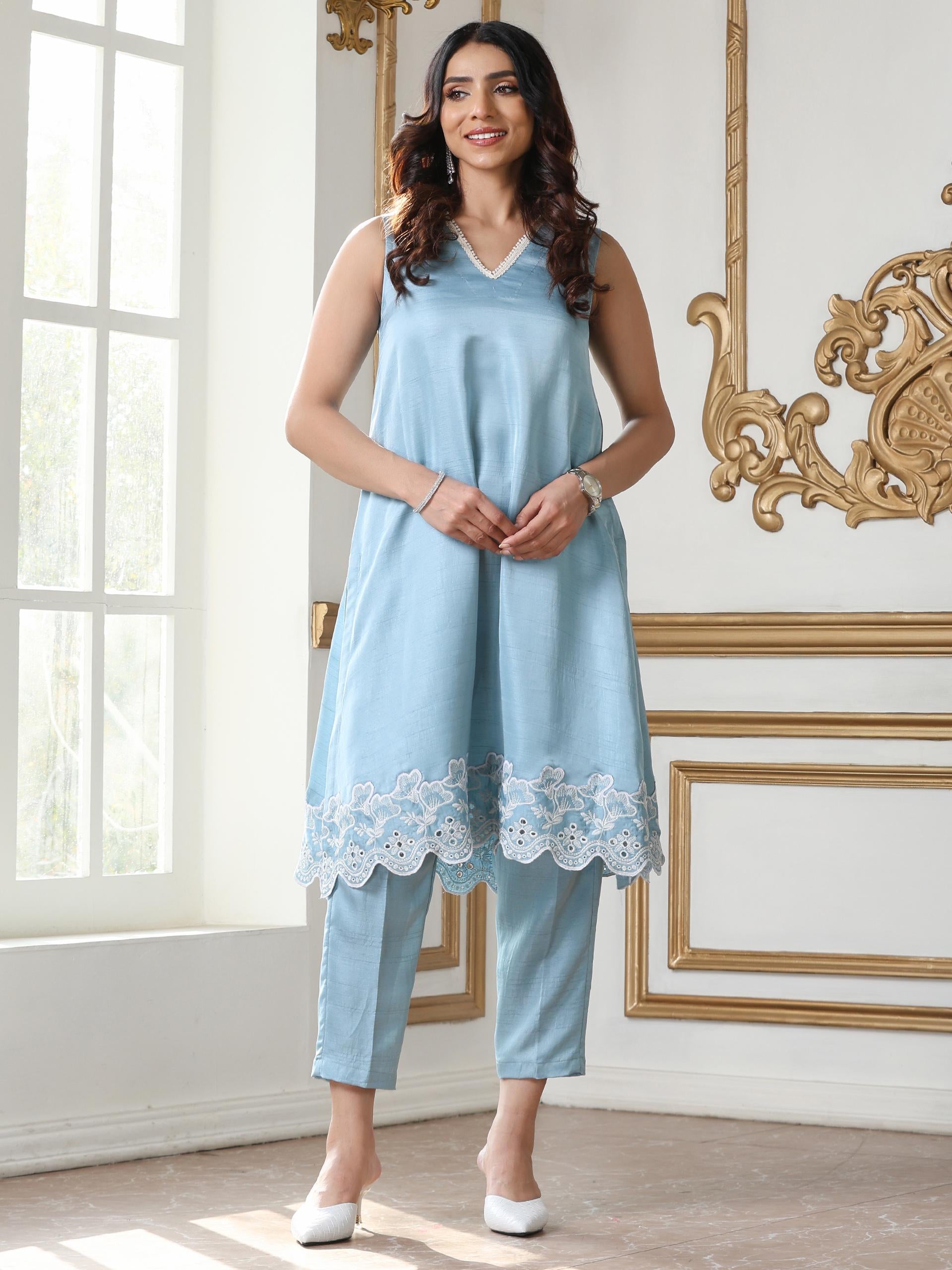 Women’s Blue Suit Set with Pant | 2 Pc Set, A-Line, Schiffli Embroidery on Hem, Sleeveless, Work Wear, Casual Wear (PRF'T Lux Duchess Satin Fabric)