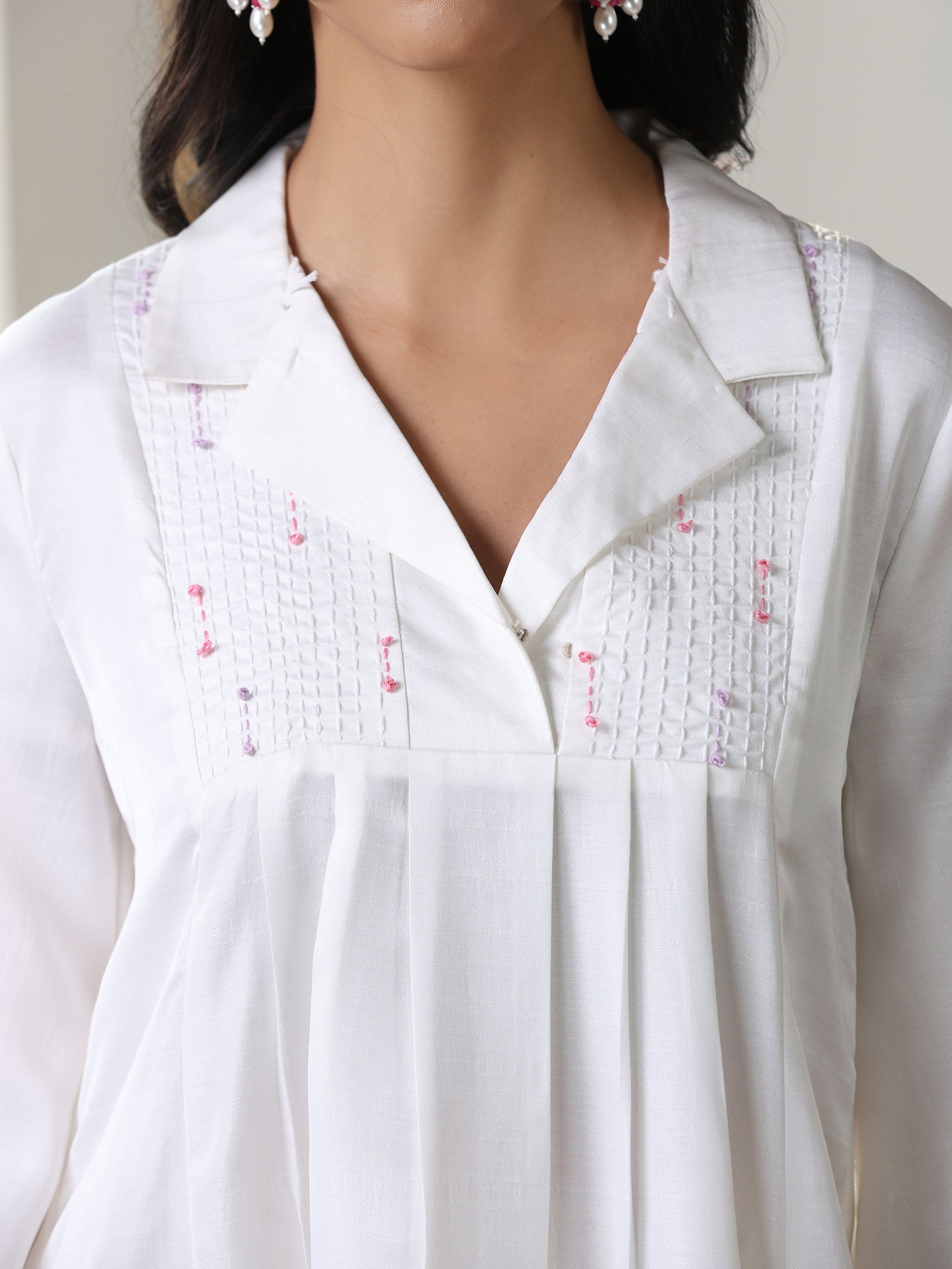 Women’s White Lux Kurta | 1 Pc, Panel Design, Hand-Stitched Embroidery,  Work Wear, Casual  Wear (PRF'T Lux Duchess Satin Fabric)