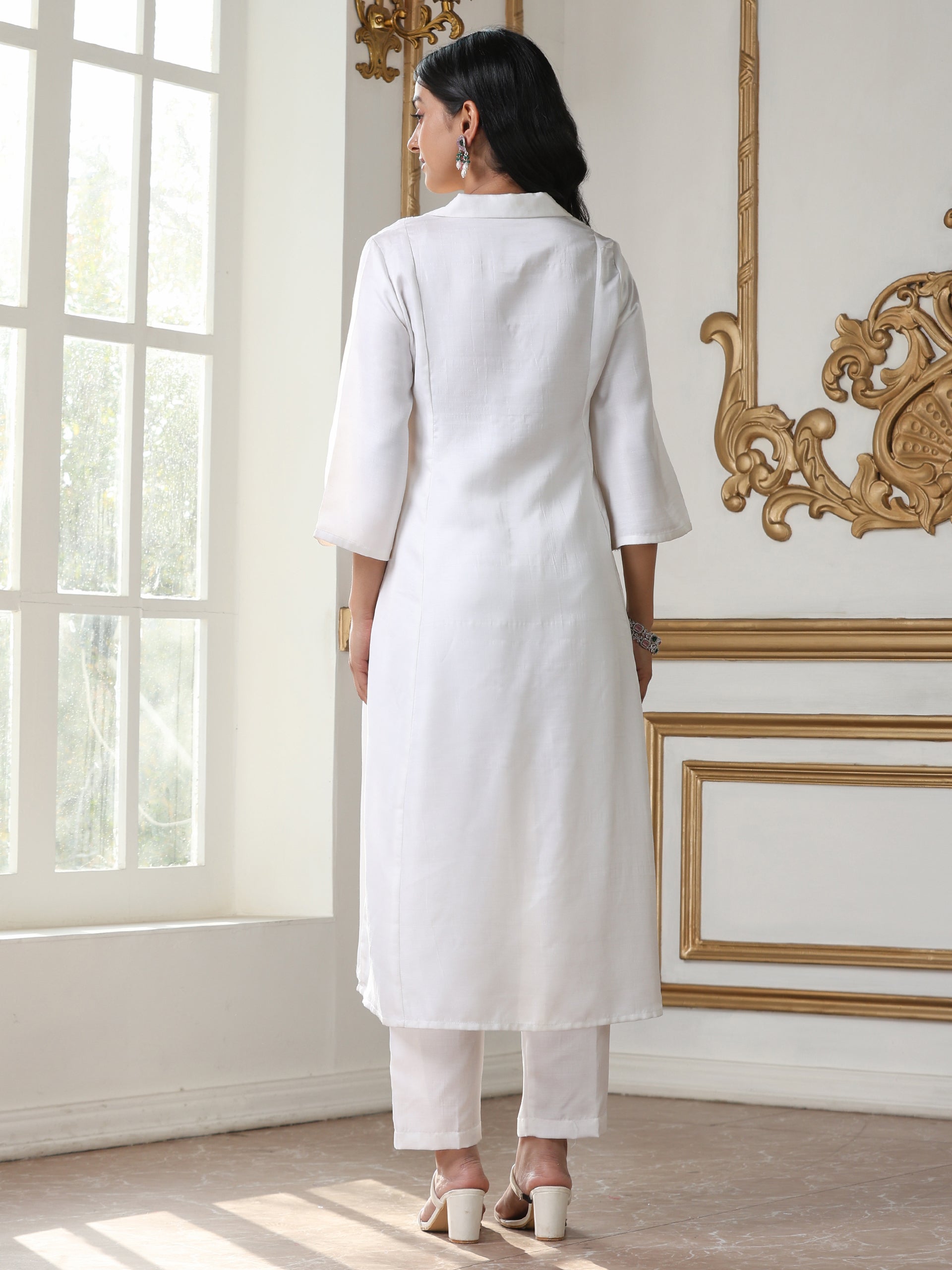 Women’s White Lux Kurta | 1 Pc, Panel Design, Hand-Stitched Embroidery,  Work Wear, Casual  Wear (PRF'T Lux Duchess Satin Fabric)