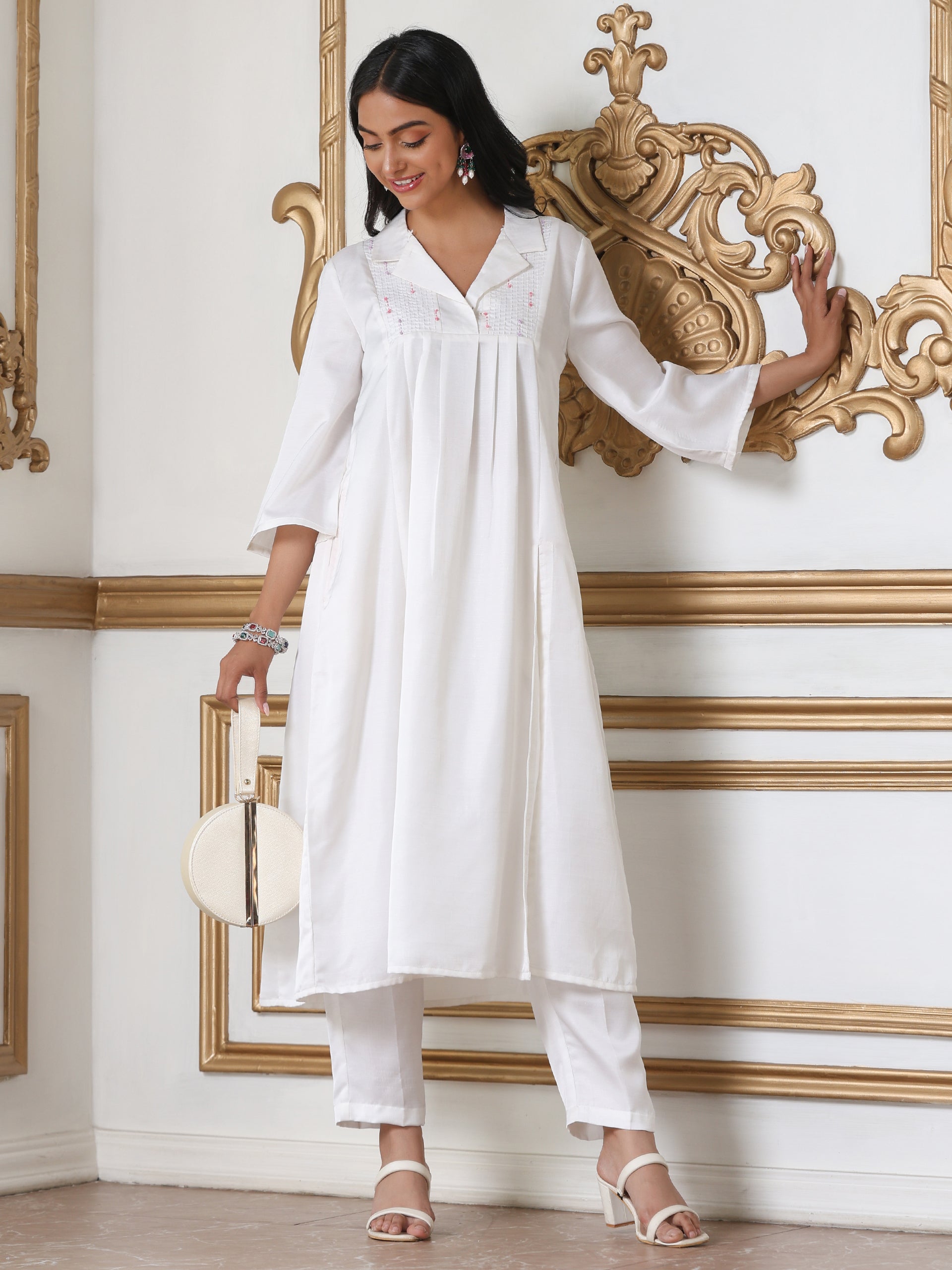 Women’s White Lux Kurta | 1 Pc, Panel Design, Hand-Stitched Embroidery,  Work Wear, Casual  Wear (PRF'T Lux Duchess Satin Fabric)