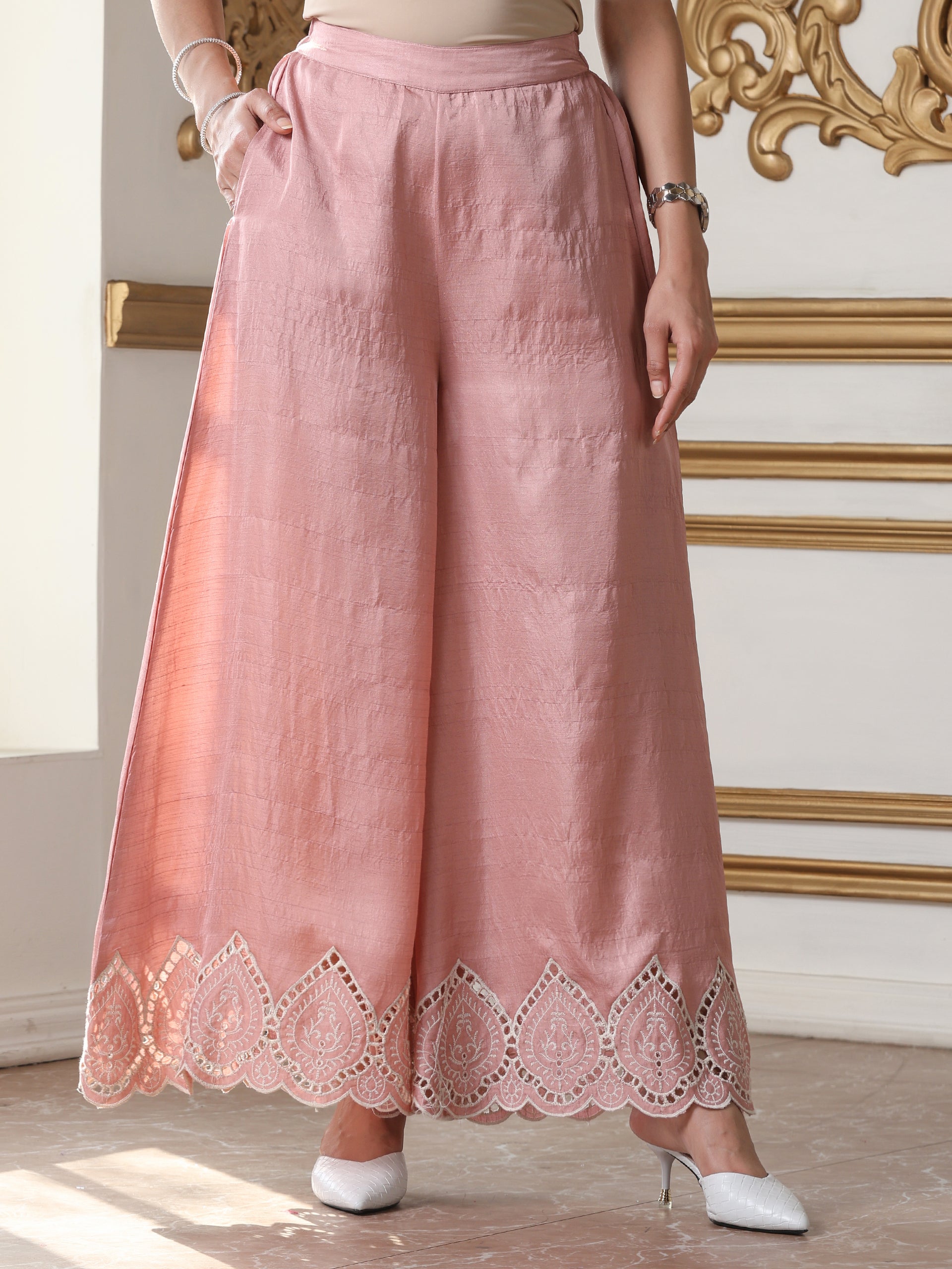 Women's Pink Schiffli Suit Set with Palazzo | 2 Pc Set, A-Line, Schiffli Embroidery on Hem, Sleeveless, Casual, Festive Party Wear (PRF'T Lux Duchess Satin Fabric)