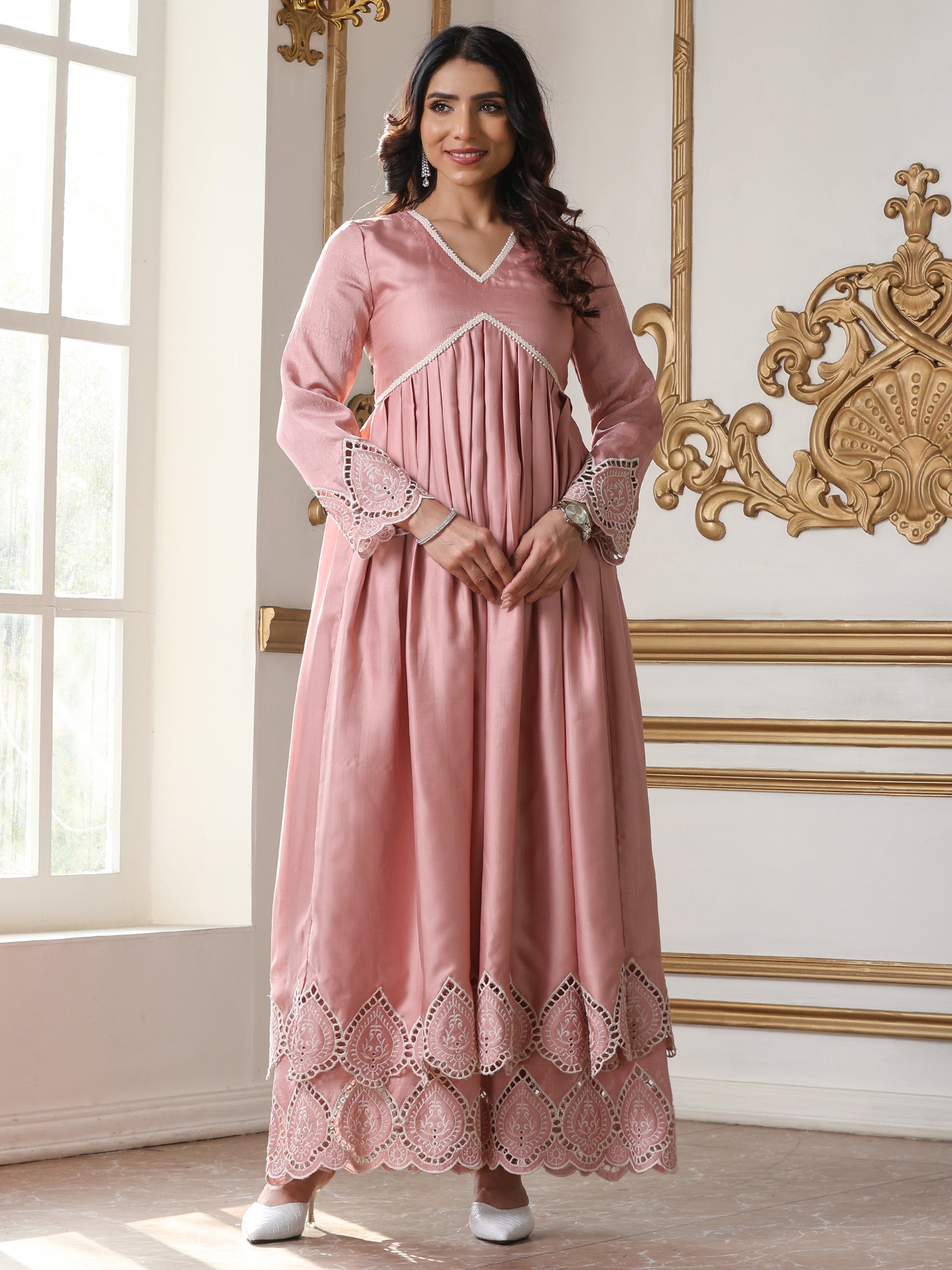 Women’s Pink Anarkali Suit Set with Palazzo | 2 Pc Set, Anarkali Style, Schiffli Embroidery on Hem, Full Sleeves, Festive Wear(PRF'T Lux Duchess Satin Fabric)