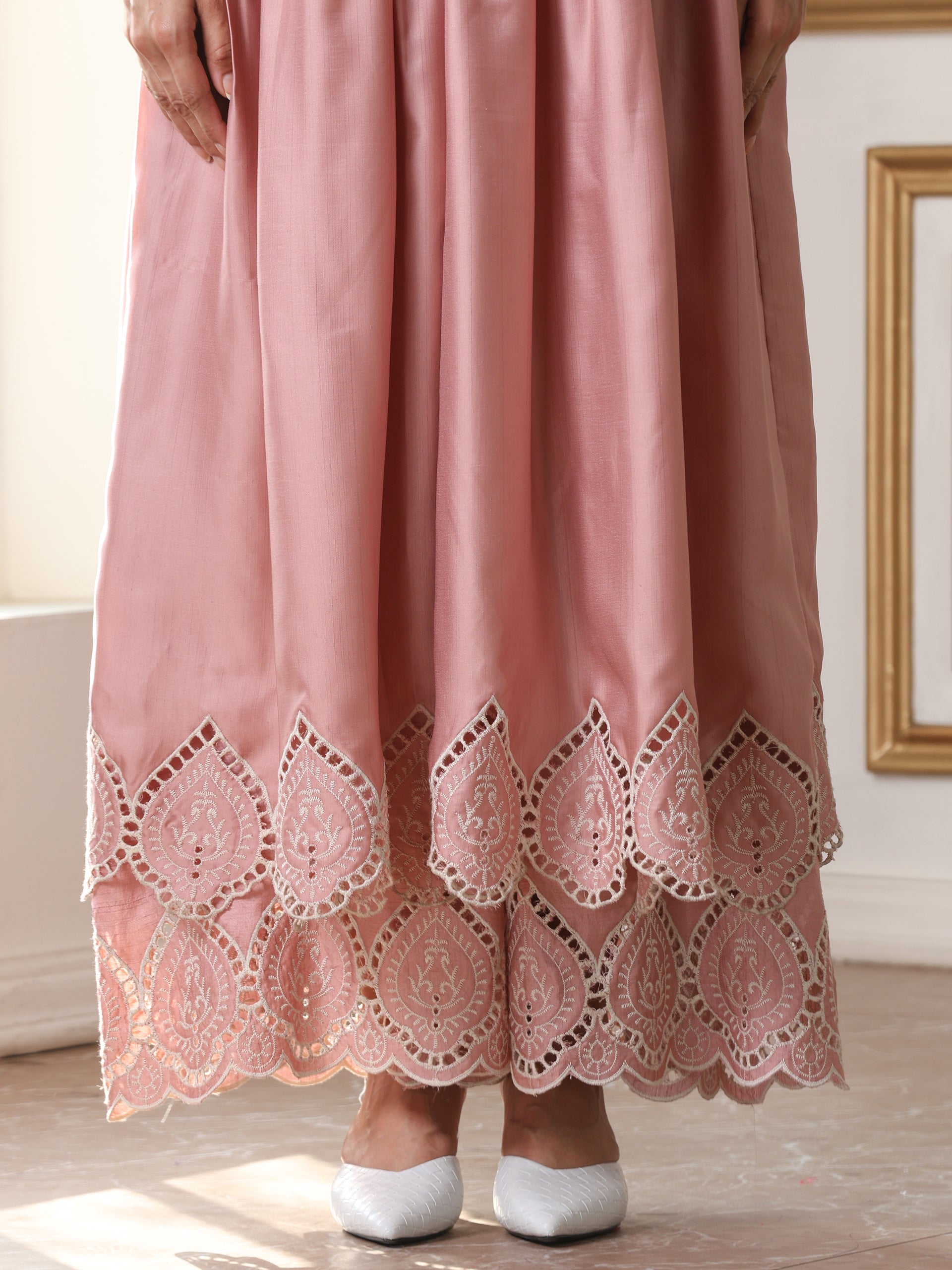 Women’s Pink Anarkali Suit Set with Palazzo | 2 Pc Set, Anarkali Style, Schiffli Embroidery on Hem, Full Sleeves, Festive Wear(PRF'T Lux Duchess Satin Fabric)