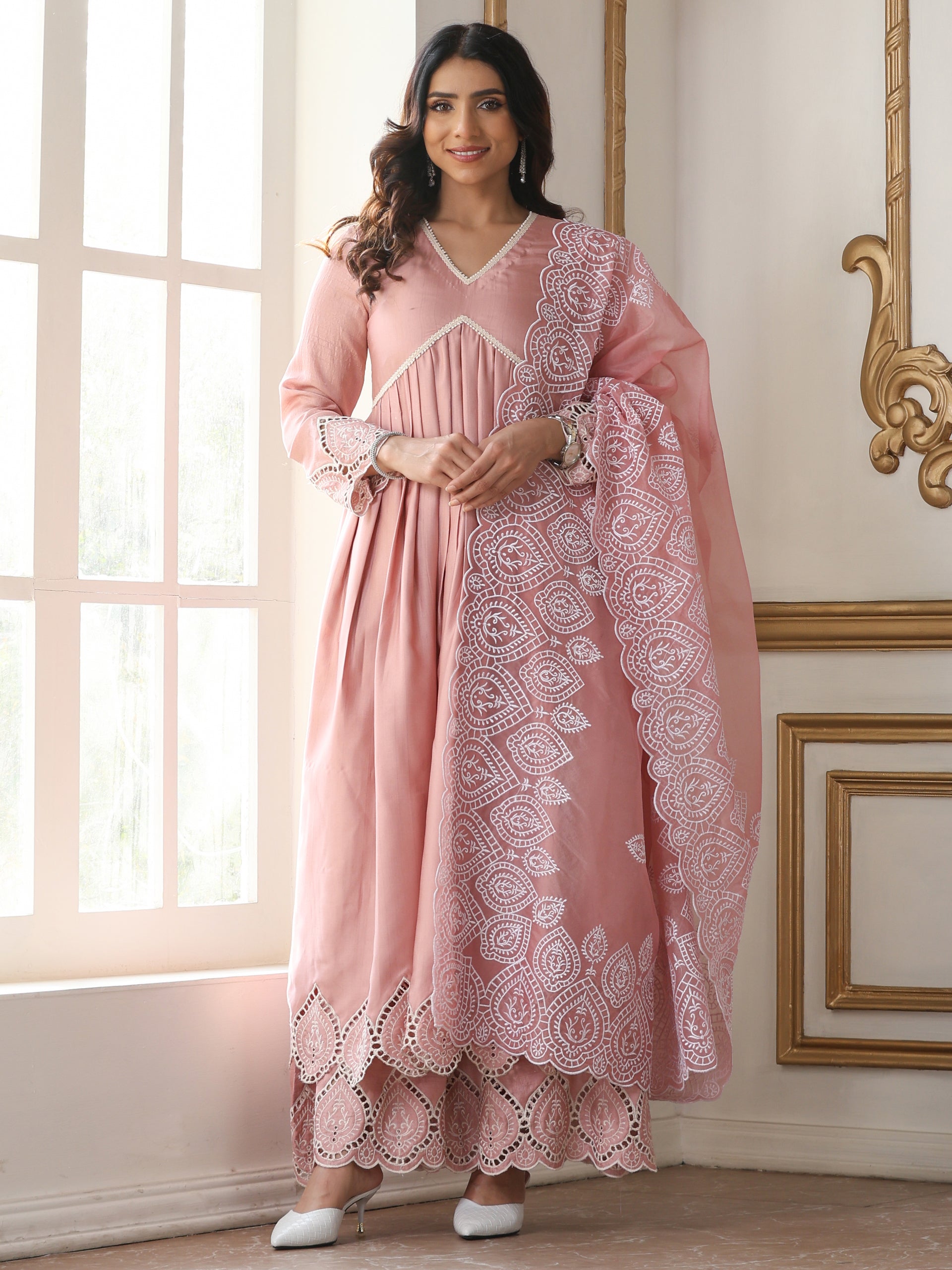 Women’s Pink Embroidered Organza Dupatta | 1 Pc, Beetle Design Embroidery, Festive Party Wear