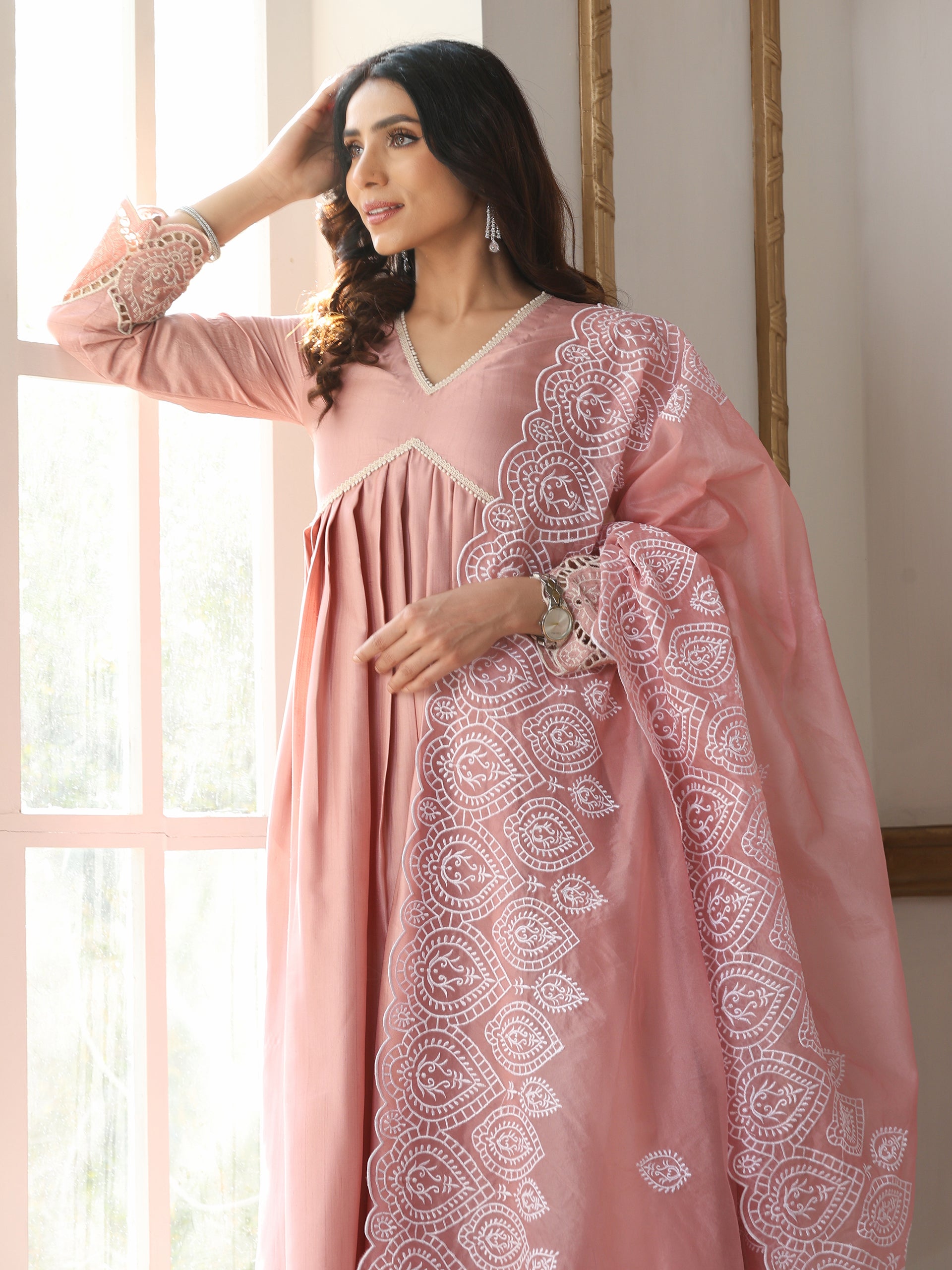 Women’s Pink Embroidered Organza Dupatta | 1 Pc, Beetle Design Embroidery, Festive Party Wear