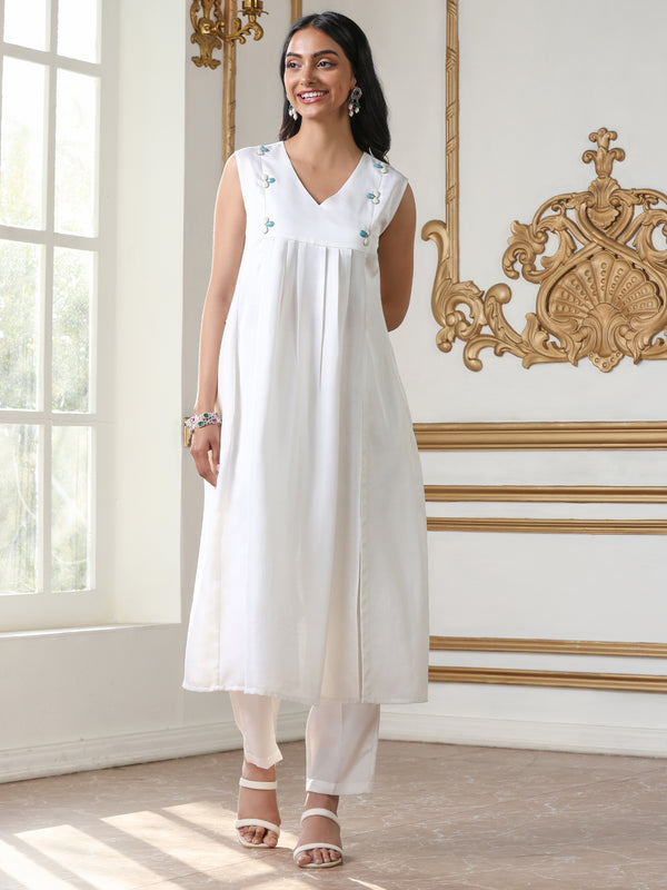 Women’s White Lux Kurta | 1 Pc, Sleeveless, Bead Detailing,  Work Wear, Casual Wear (PRF'T Lux Duchess Satin Fabric)
