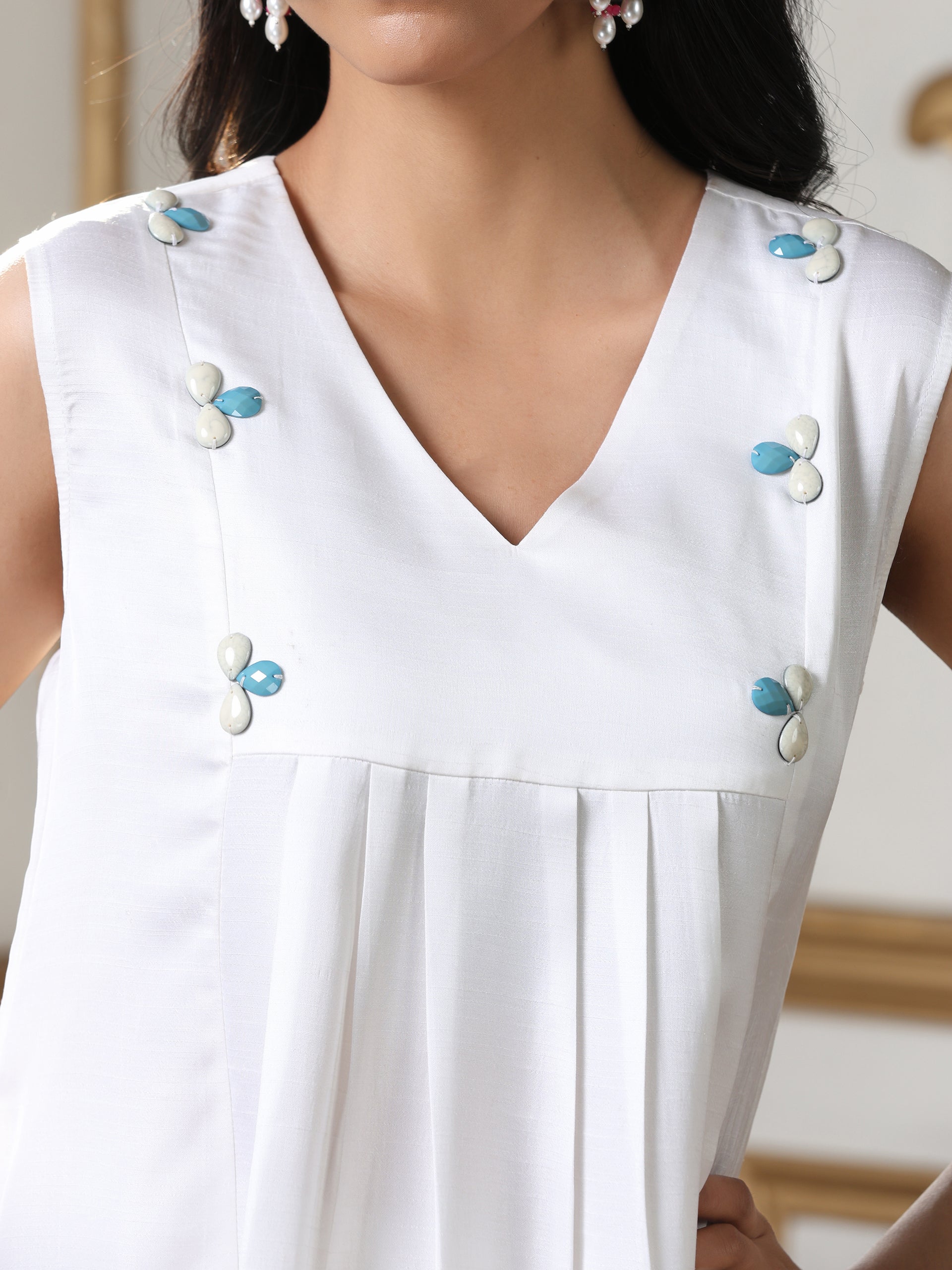 Women’s White Lux Kurta | 1 Pc, Sleeveless, Bead Detailing,  Work Wear, Casual Wear (PRF'T Lux Duchess Satin Fabric)
