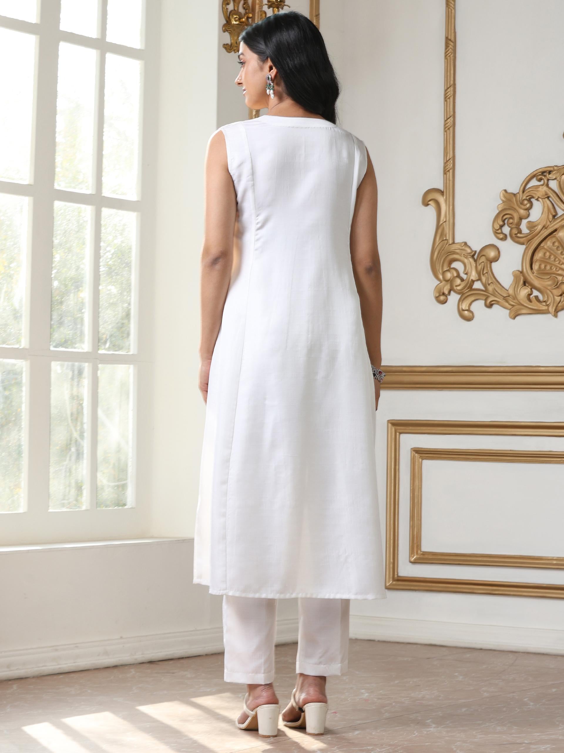 Women’s White Sleeveless Suit Set with Pant | 2 Pc Set, Paneled Design, Bead Detailing, Sleeveless, Work Wear, Casual Wear (PRF'T Lux Duchess Satin Fabric)