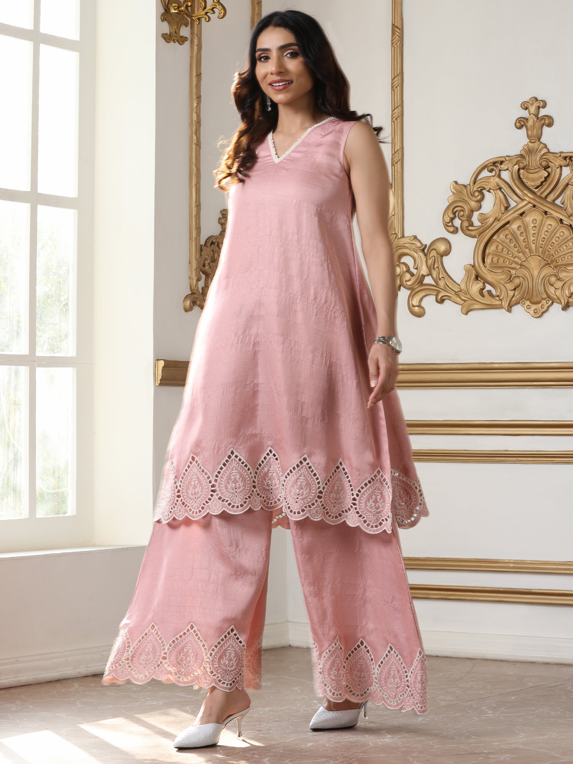 Women's Pink Schiffli Suit Set with Palazzo | 2 Pc Set, A-Line, Schiffli Embroidery on Hem, Sleeveless, Casual, Festive Party Wear (PRF'T Lux Duchess Satin Fabric)