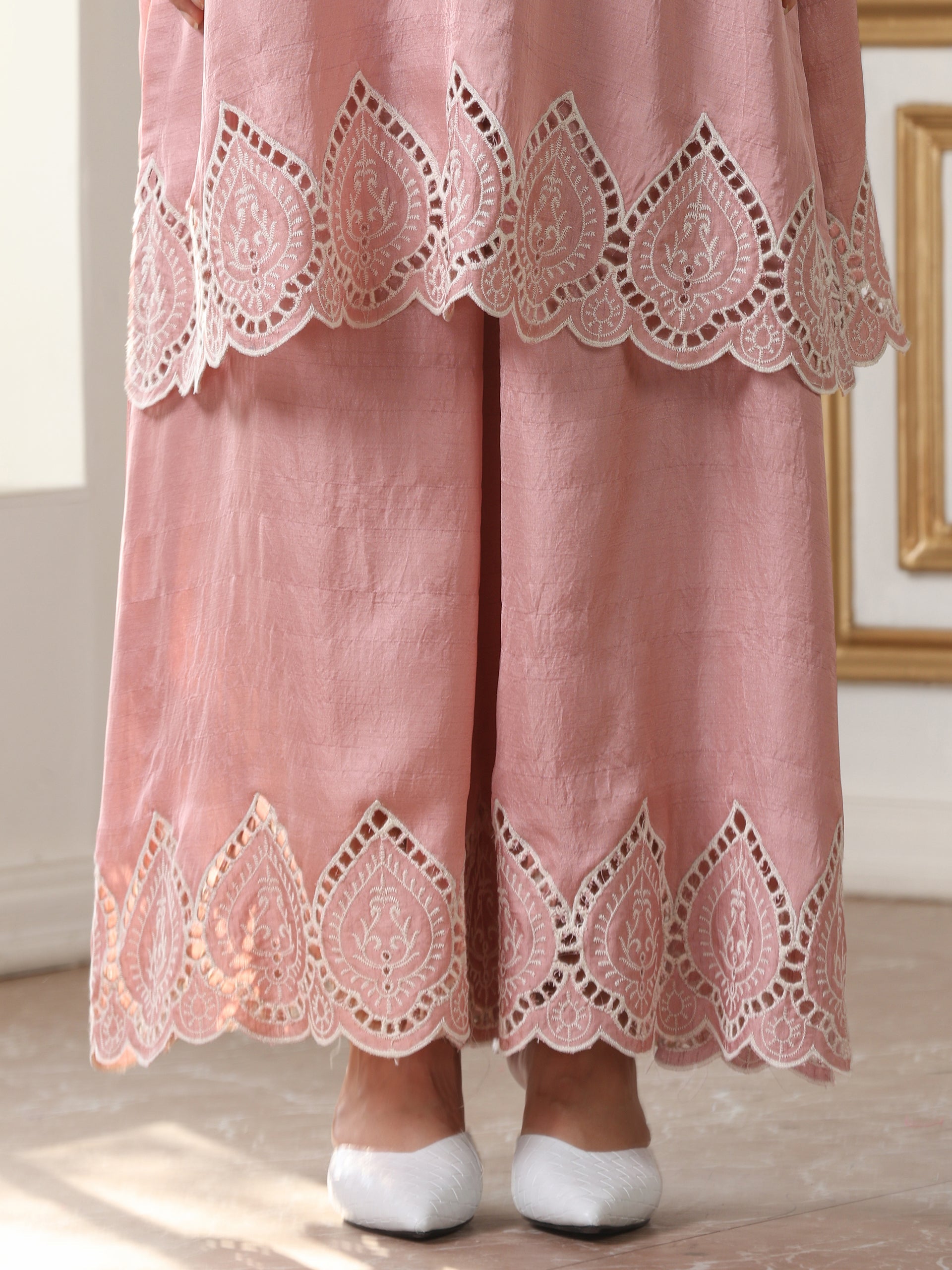 Women's Pink Schiffli Suit Set with Palazzo | 2 Pc Set, A-Line, Schiffli Embroidery on Hem, Sleeveless, Casual, Festive Party Wear (PRF'T Lux Duchess Satin Fabric)