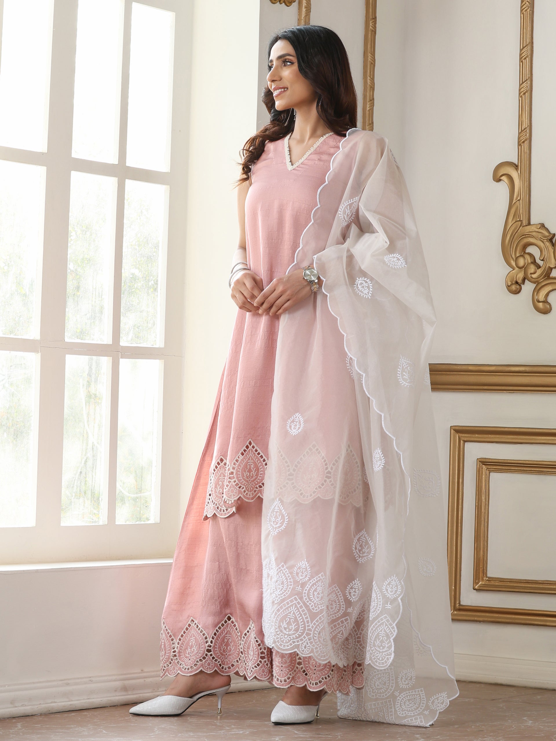 Women's Pink Schiffli Suit Set with Palazzo | 2 Pc Set, A-Line, Schiffli Embroidery on Hem, Sleeveless, Casual, Festive Party Wear (PRF'T Lux Duchess Satin Fabric)