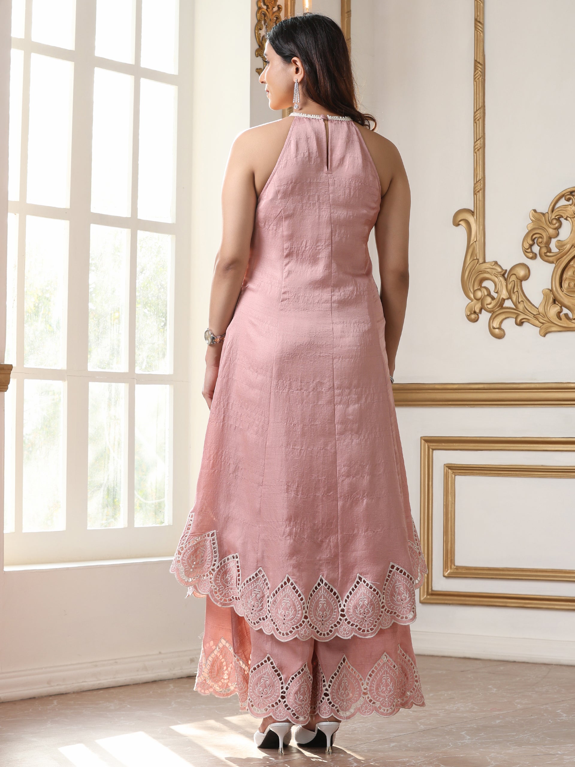 Women’s Pink Suit Set with Palazzo | 2 Pc Set, Halter Neck, Schiffli Embroidery on Hem, Sleeveless, Casual (PRF'T Lux Duchess Satin Fabric)
