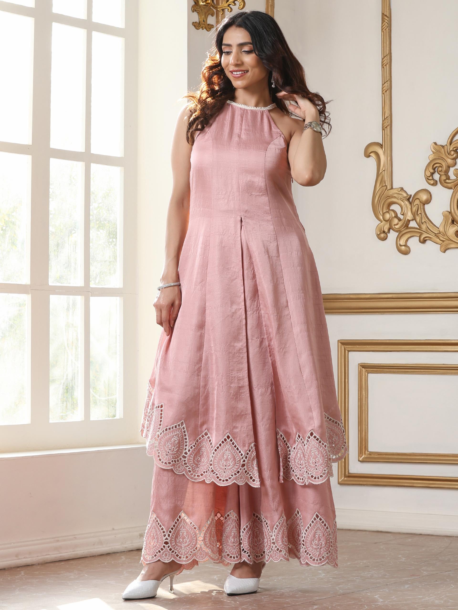 Women’s Pink Suit Set with Palazzo | 2 Pc Set, Halter Neck, Schiffli Embroidery on Hem, Sleeveless, Casual (PRF'T Lux Duchess Satin Fabric)