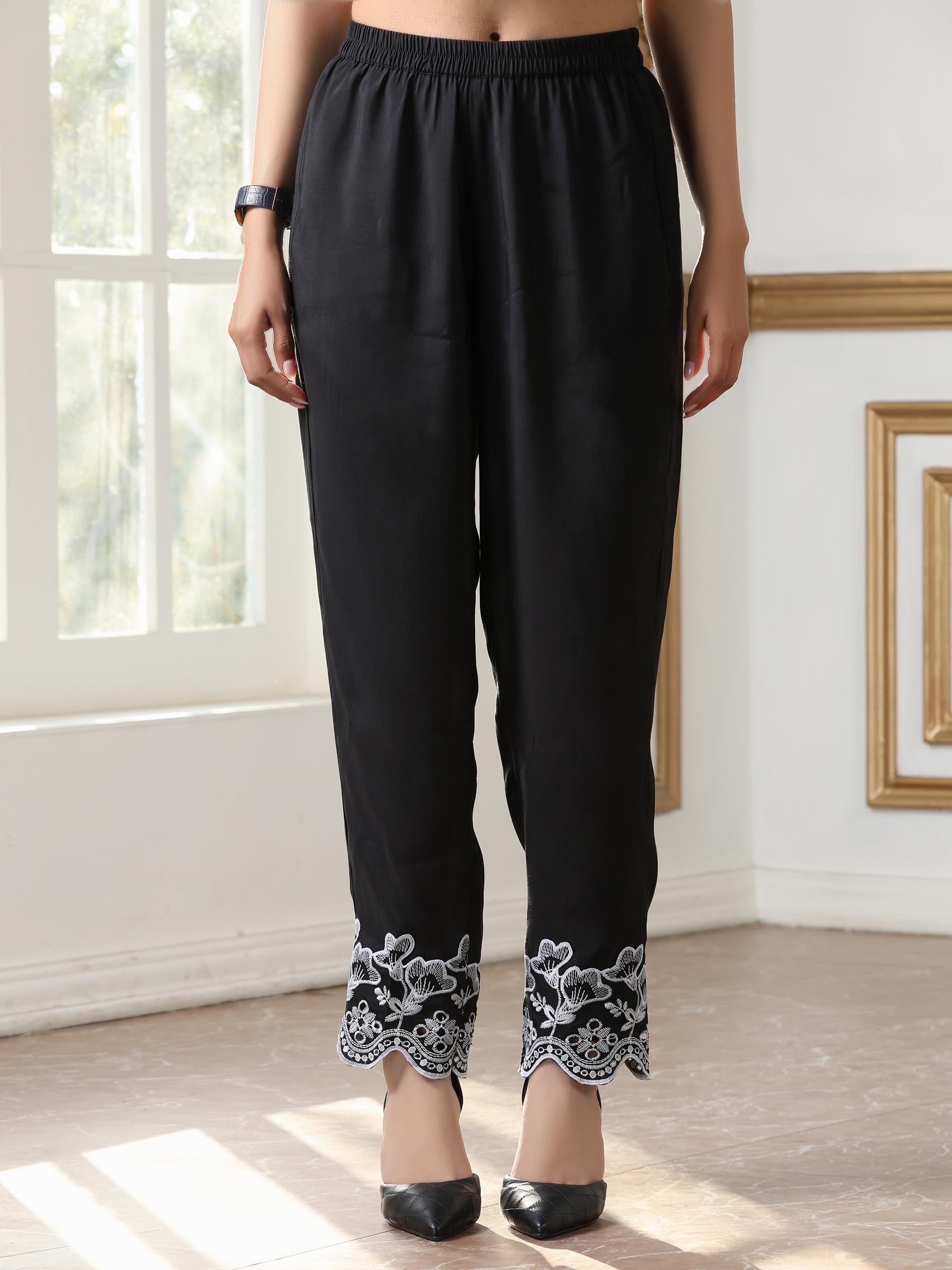 Women’s Black Hi-Low Suit Set with Pant | 2 Pc Set, Hi-Low Design, Schiffli Embroidery on Sleeve & Hem, Half Sleeves ,Work Wear, Casual Wear (AirSkin Cotton Silk Blend Fabric)