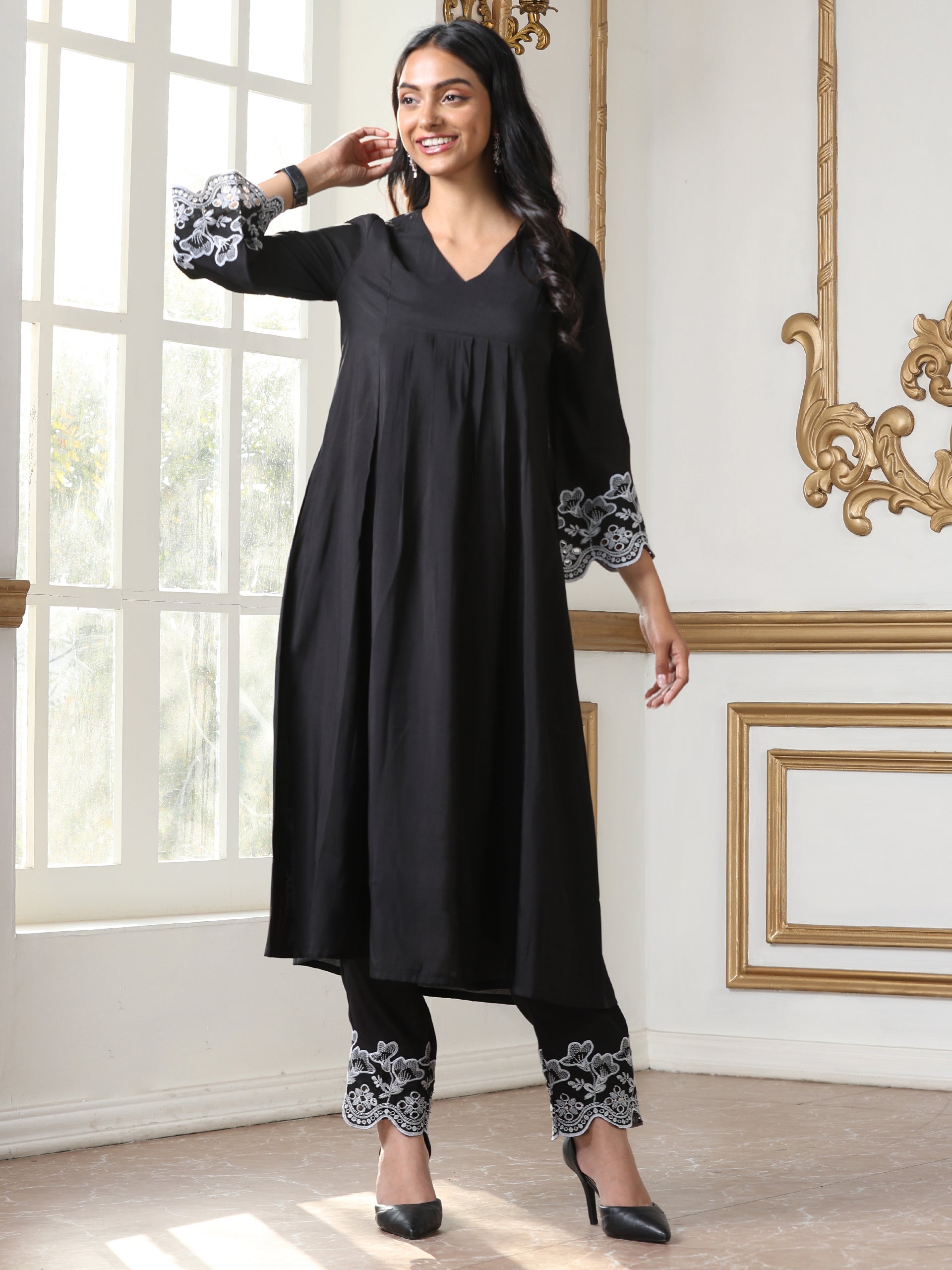 Women’s Black Schffli Kurta | 1 Pc, Panel Design, Schiffli Embroidery on Sleeve, Work Wear, Casual  Wear (AirSkin Cotton Silk Blend Fabric)