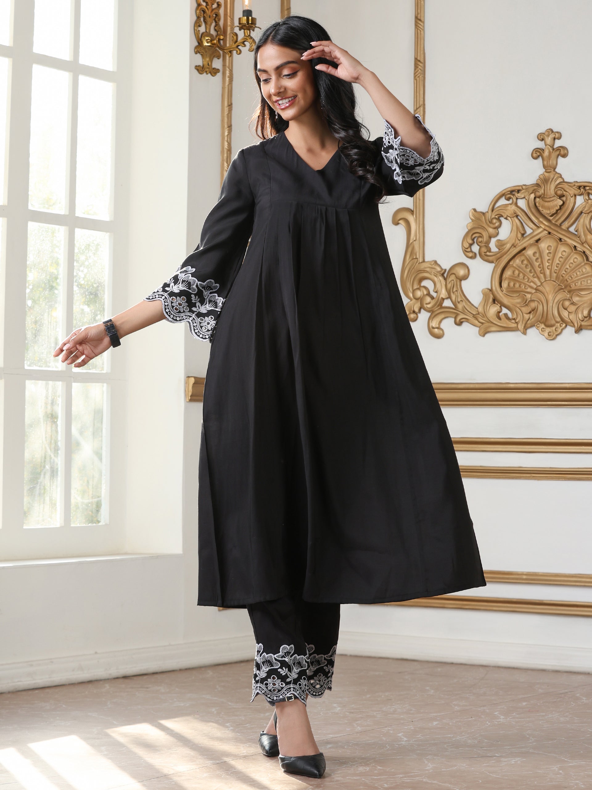 Women’s Black Schffli Kurta | 1 Pc, Panel Design, Schiffli Embroidery on Sleeve, Work Wear, Casual  Wear (AirSkin Cotton Silk Blend Fabric)