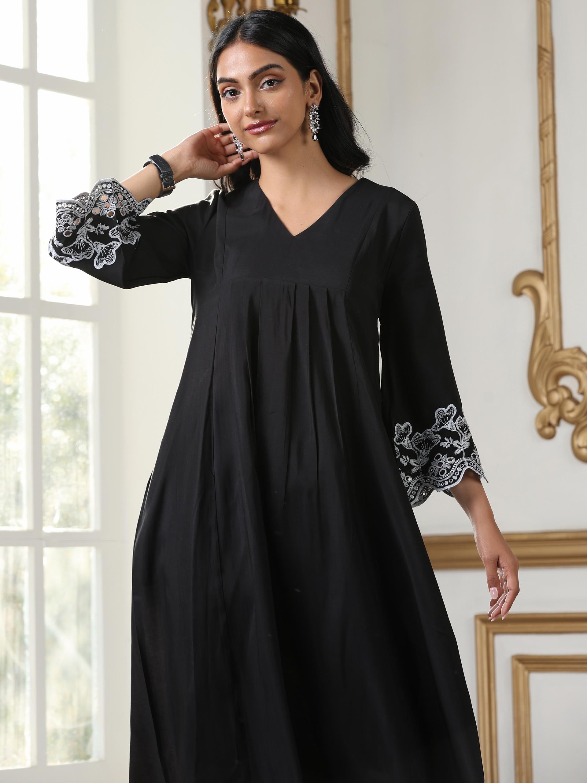 Women’s Black Paneled Suit Set with Pant | 2 Pc Set, Paneled Design, Schiffli Embroidery on Sleeve & Pant, 3/4th Sleeves, Festive Party Work Wear , Casual Wear(AirSkin Cotton Silk Blend Fabric)