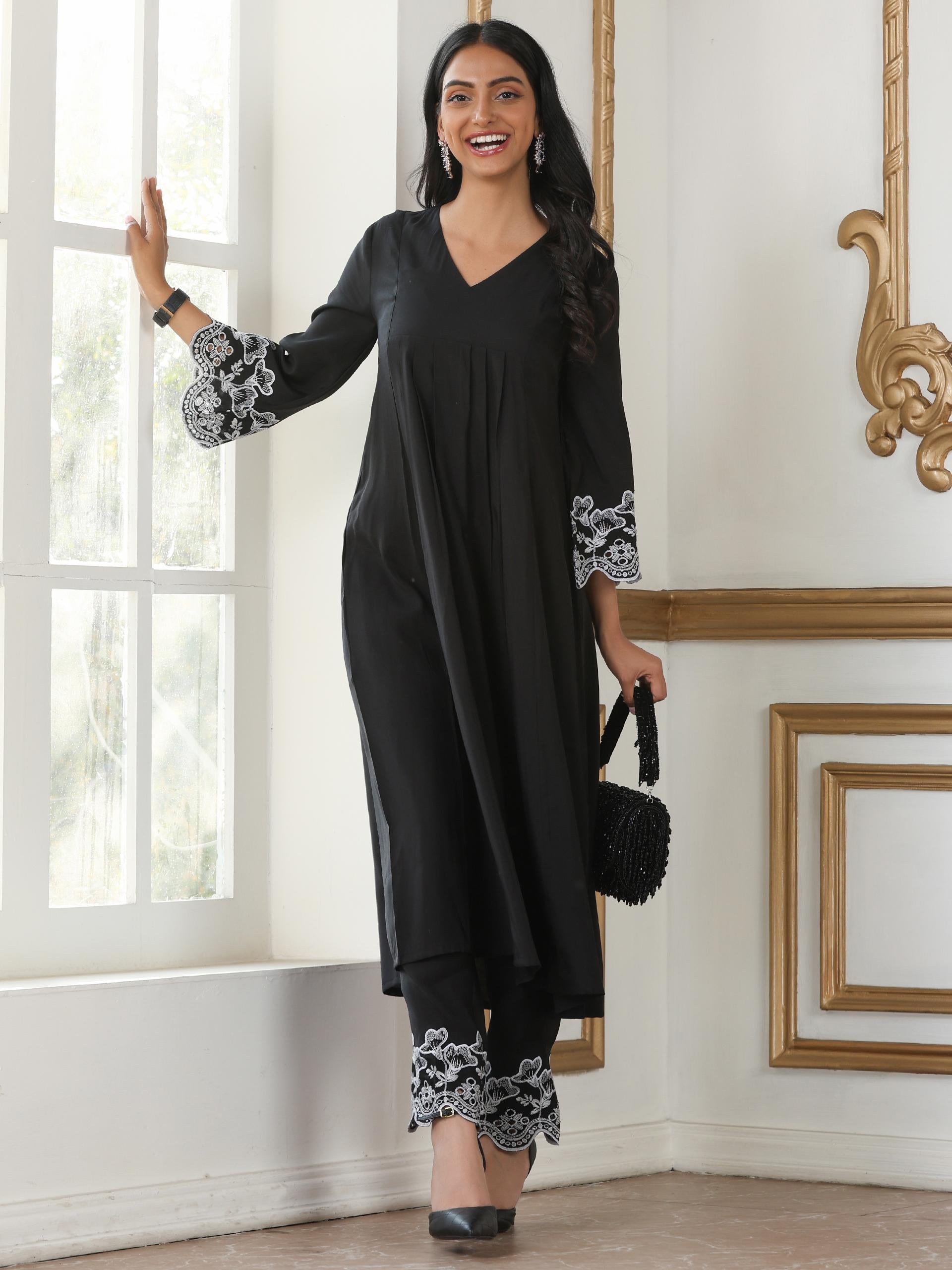 Women’s Black Paneled Suit Set with Pant | 2 Pc Set, Paneled Design, Schiffli Embroidery on Sleeve & Pant, 3/4th Sleeves, Festive Party Work Wear , Casual Wear(AirSkin Cotton Silk Blend Fabric)