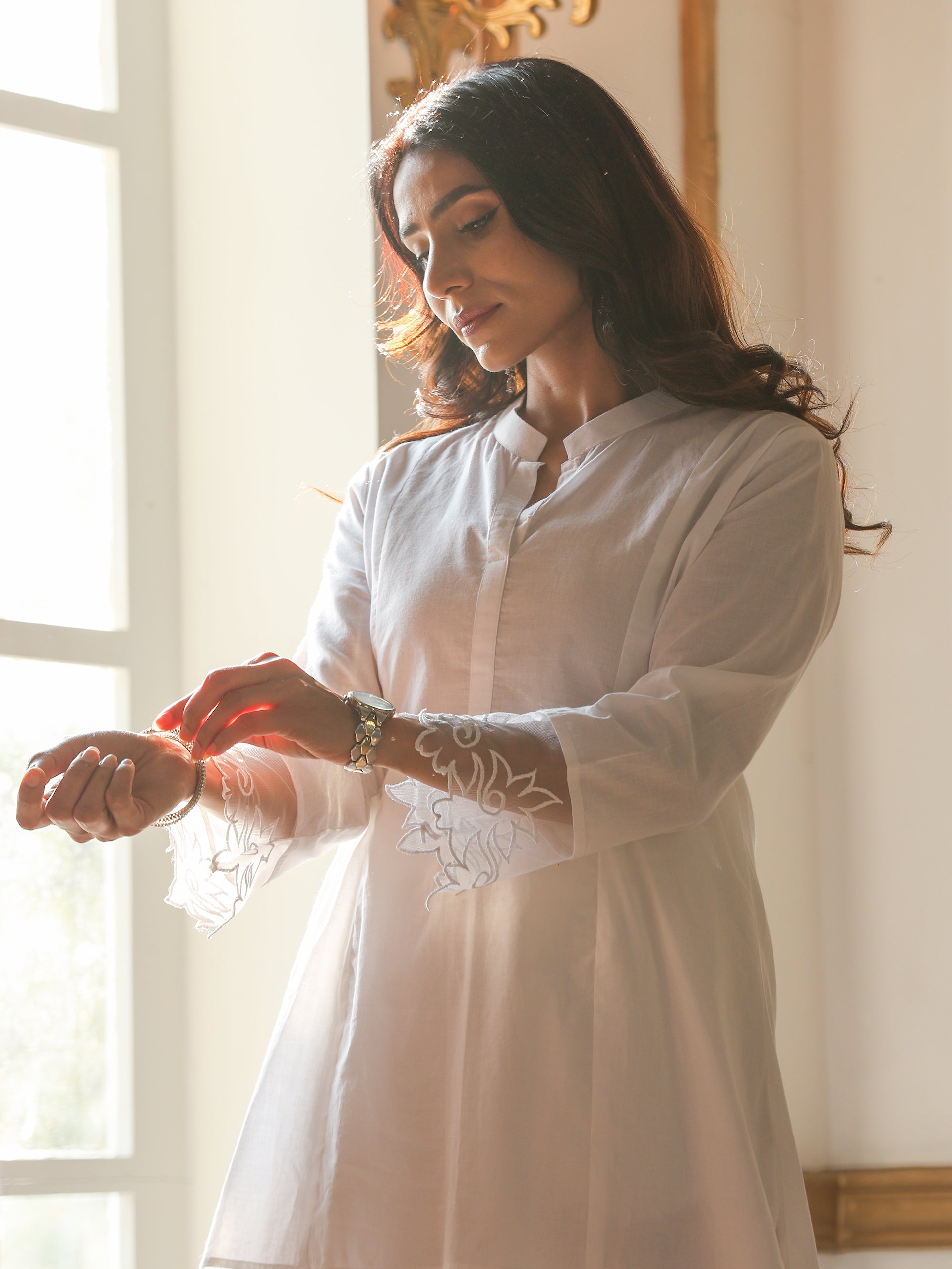 Women’s White Suit Set with Net Detailing and Palazzo | 2 Pc Set, Embroidered Net Detailing on Sleeve, 3/4th Sleeves, Work Wear, Casual (100% Cotton Cambric Extra Soft Breathable Fabric)
