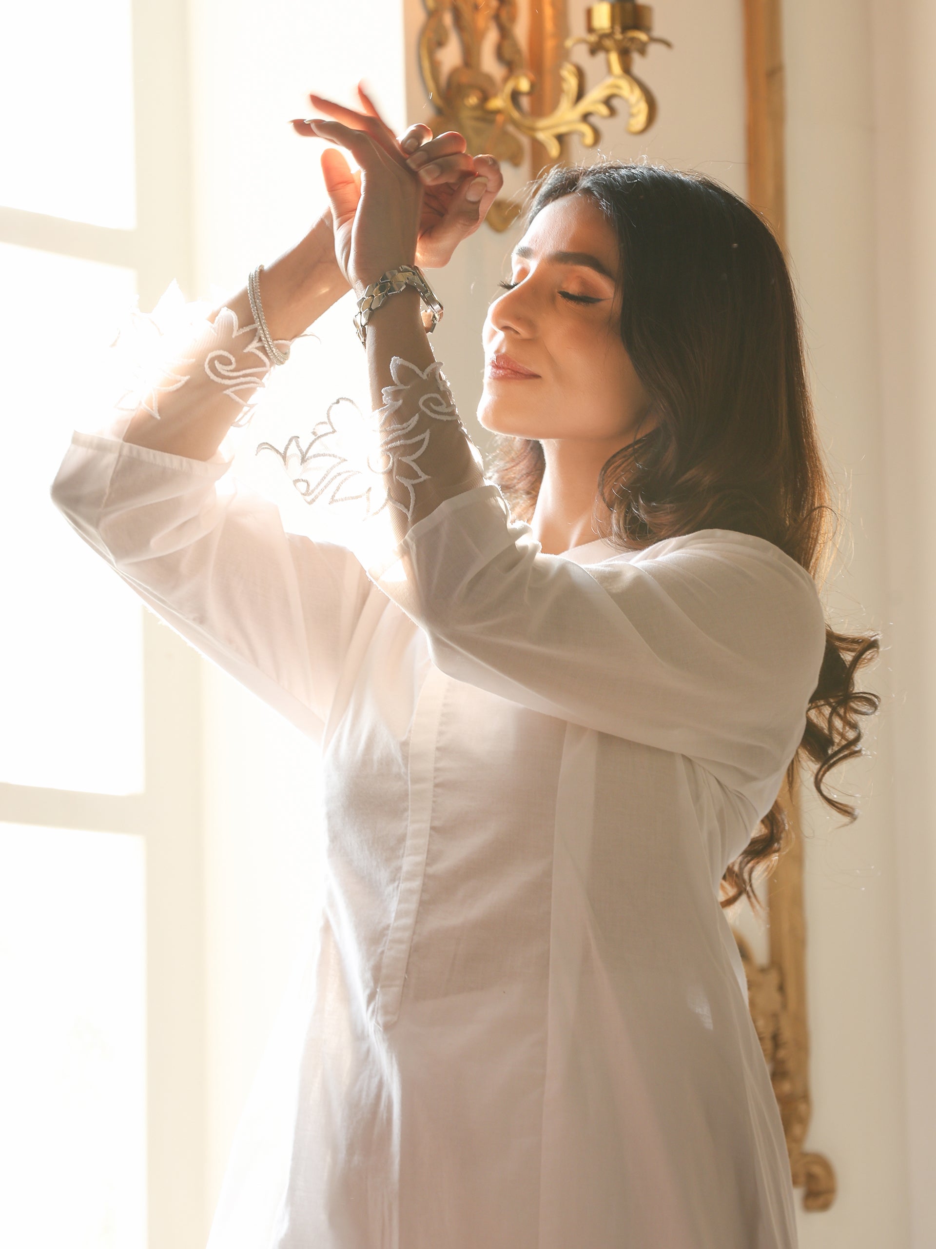Women’s White Kurta Top | 1 Pc, Net Embroidery on Sleeve, Casual Wear, Work Wear (100% Cotton Cambric Extra Soft Breathable Fabric)