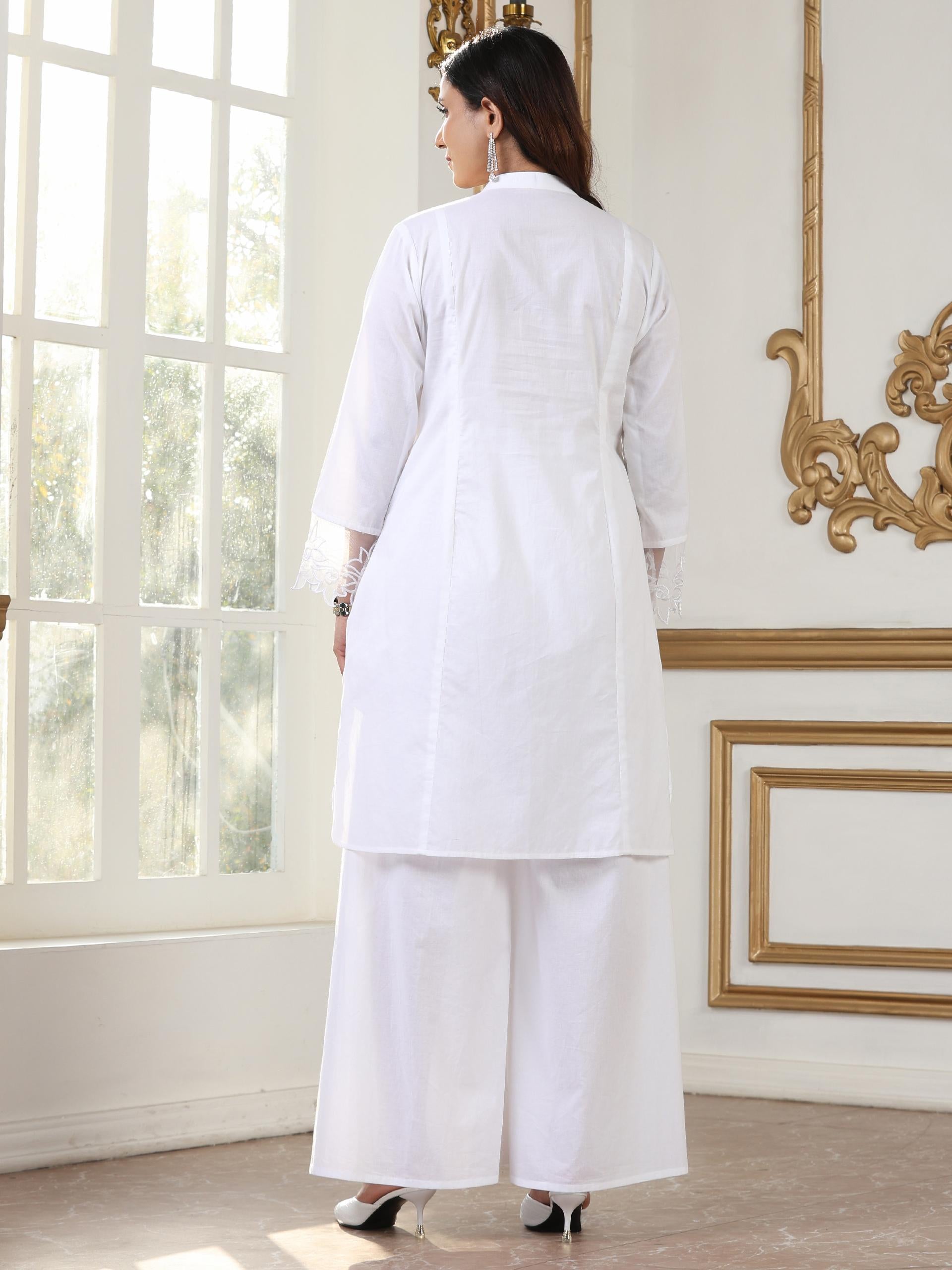 Women’s White Suit Set with Net Detailing and Palazzo | 2 Pc Set, Embroidered Net Detailing on Sleeve, 3/4th Sleeves, Work Wear, Casual (100% Cotton Cambric Extra Soft Breathable Fabric)