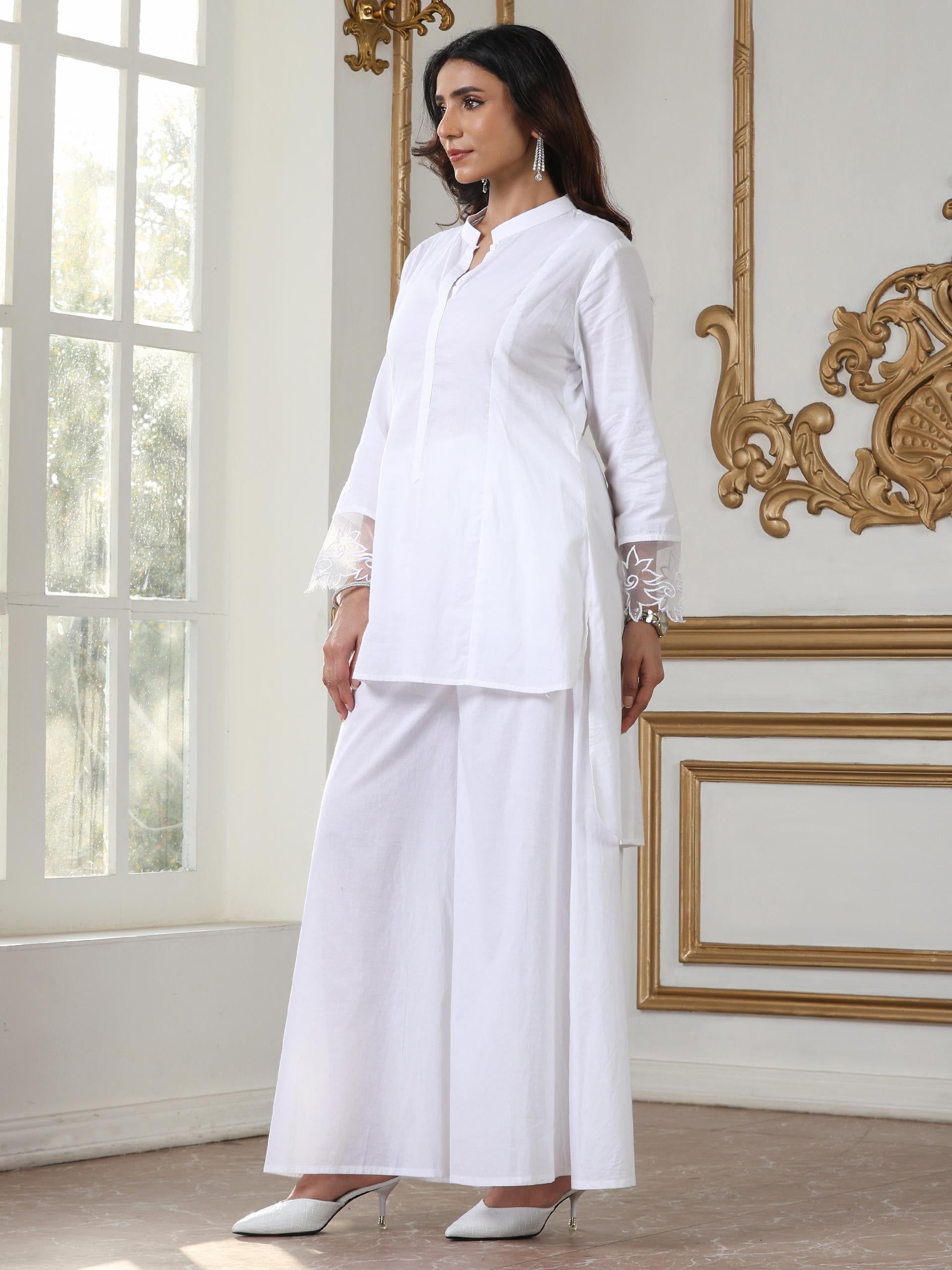 Women’s White Suit Set with Net Detailing and Palazzo | 2 Pc Set, Embroidered Net Detailing on Sleeve, 3/4th Sleeves, Work Wear, Casual (100% Cotton Cambric Extra Soft Breathable Fabric)