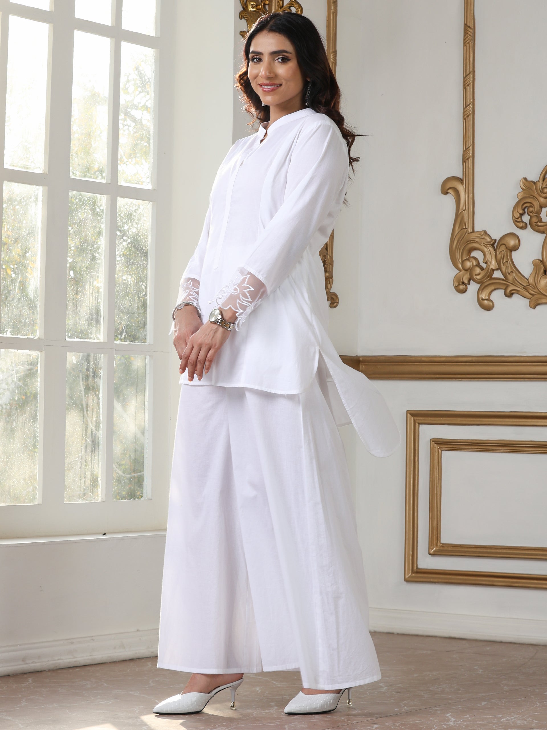 Women’s White Kurta Top | 1 Pc, Net Embroidery on Sleeve, Casual Wear, Work Wear (100% Cotton Cambric Extra Soft Breathable Fabric)