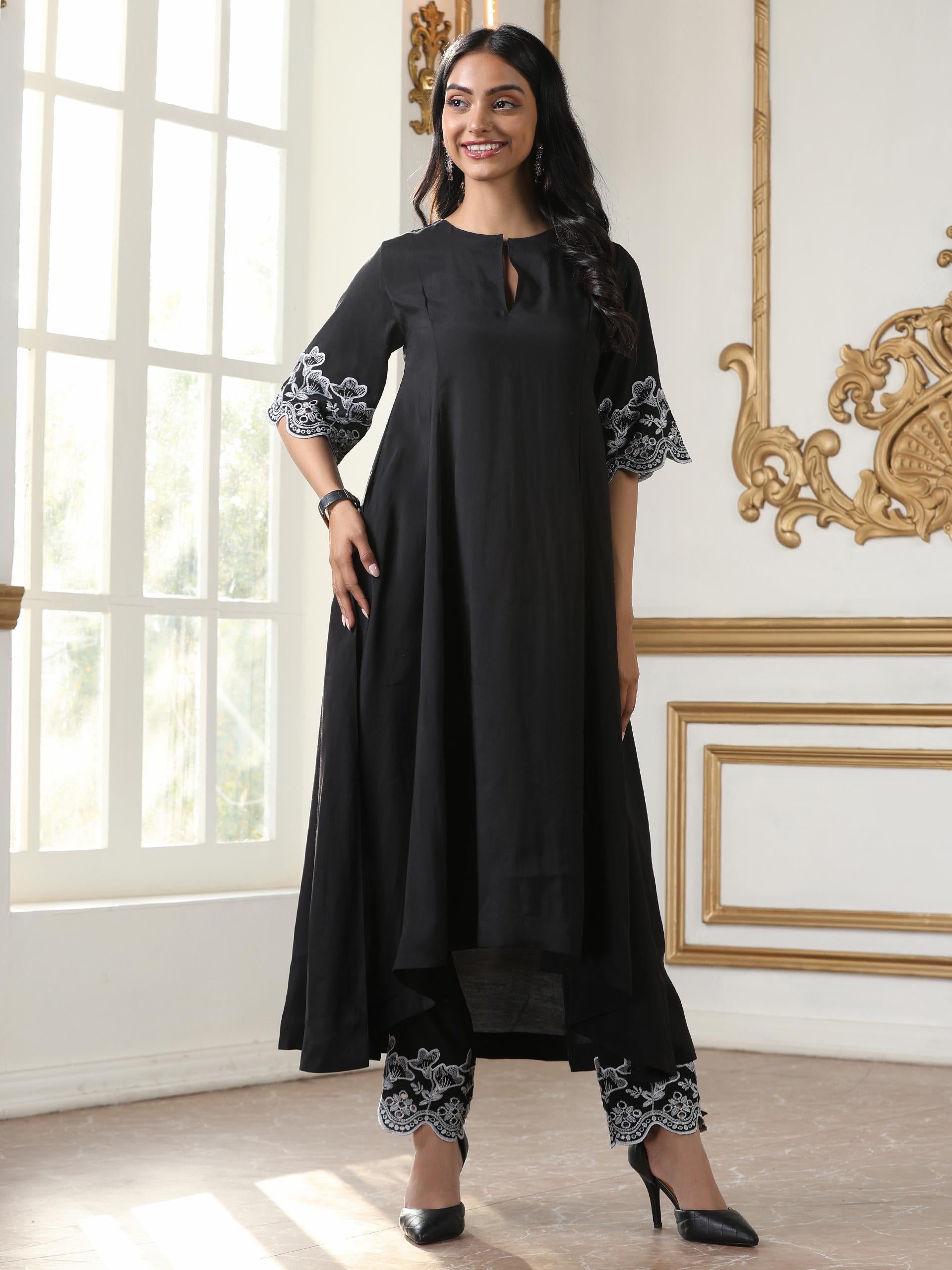 Women’s Black Hi-Low Suit Set with Pant | 2 Pc Set, Hi-Low Design, Schiffli Embroidery on Sleeve & Hem, Half Sleeves ,Work Wear, Casual Wear (AirSkin Cotton Silk Blend Fabric)