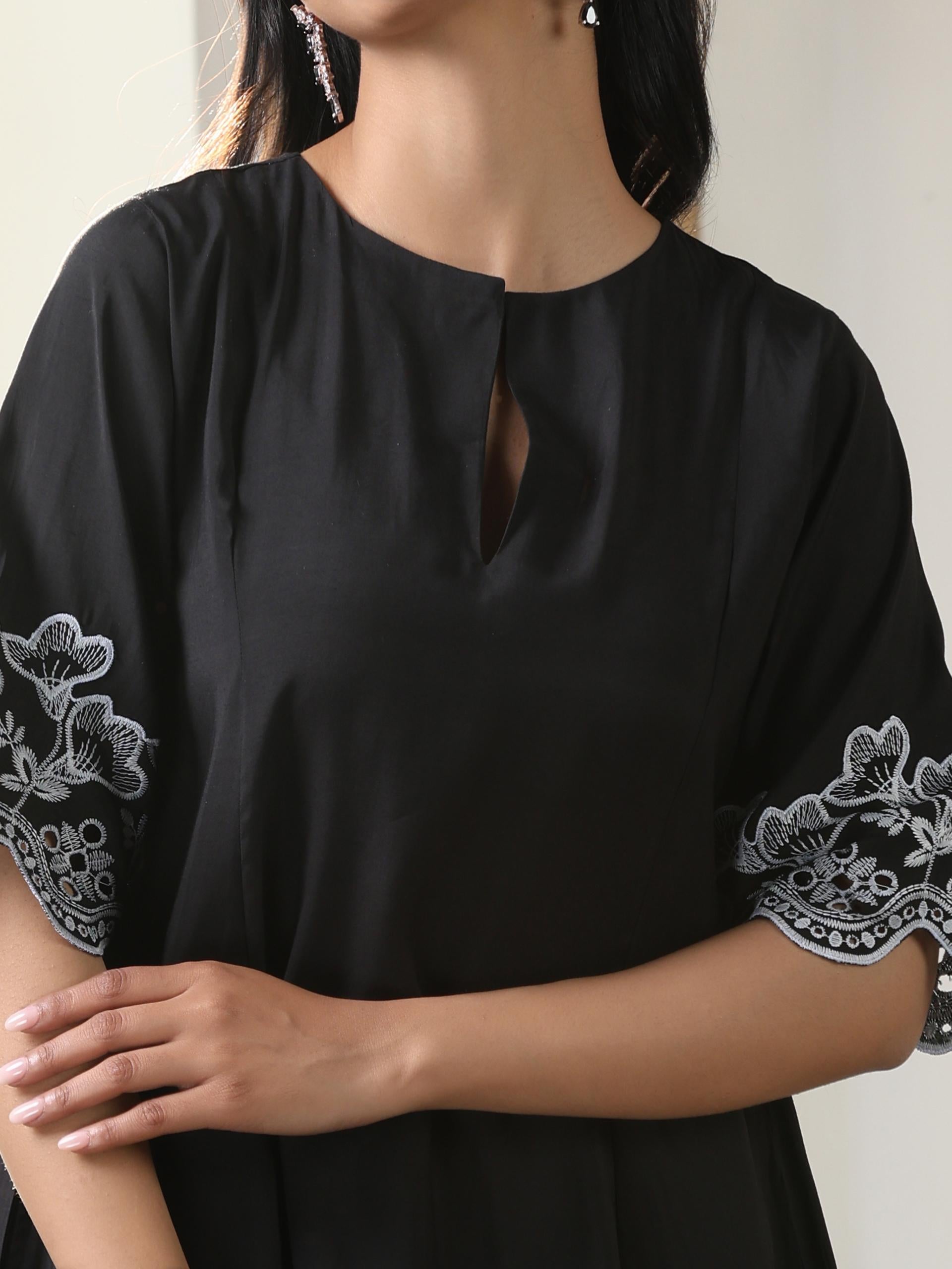 Women’s Black Hi-Low Suit Set with Pant | 2 Pc Set, Hi-Low Design, Schiffli Embroidery on Sleeve & Hem, Half Sleeves ,Work Wear, Casual Wear (AirSkin Cotton Silk Blend Fabric)