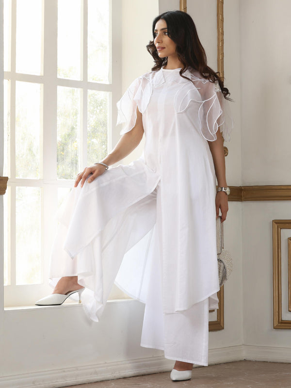 Women’s White Suit Set with Net Sleeves and Palazzo | 2 Pc Set, Halter Neck, Embroidered Net Detailing, Sleeveless, Festive Party Wear (100% Cotton Cambric Extra Soft Breathable Fabric)