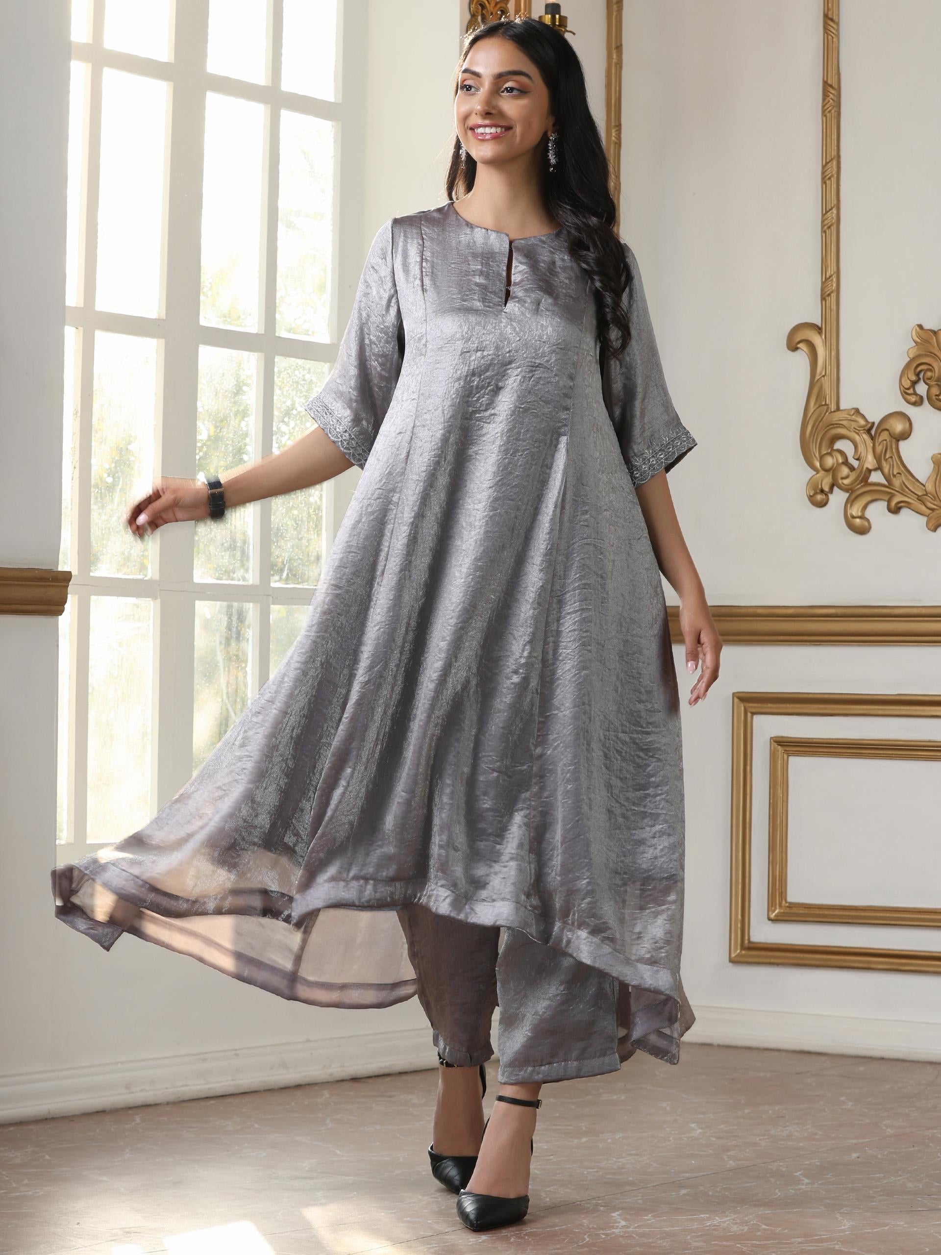 Women’s Grey Metallc Satin Hi-Low Kurta Set with Pant | 2 Pc Set, Metallic Satin Fabric, Embroidered Detailing, 3/4th Sleeves, Festive Party Wear