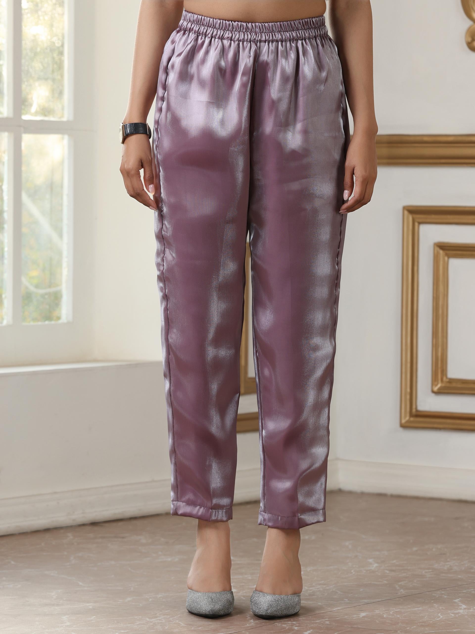 Women’s Mauve Suit Set with Pant | 2 Pc Set, Organza Satin Fabric, Hand Embroidery & Bead Detailing, Full Sleeve, Festive Party Wear