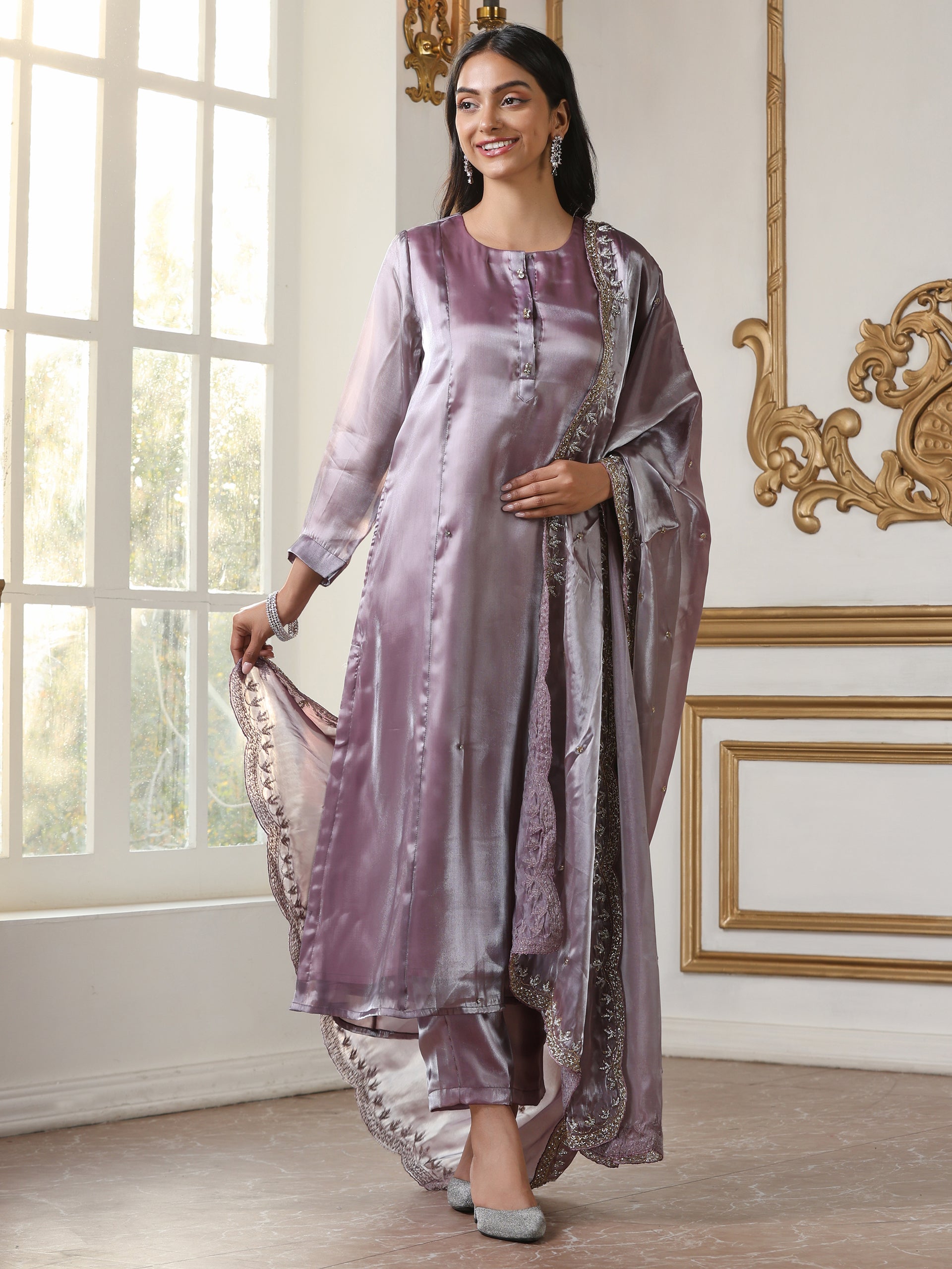 Women’s Mauve Suit Set with Pant | 2 Pc Set, Organza Satin Fabric, Hand Embroidery & Bead Detailing, Full Sleeve, Festive Party Wear